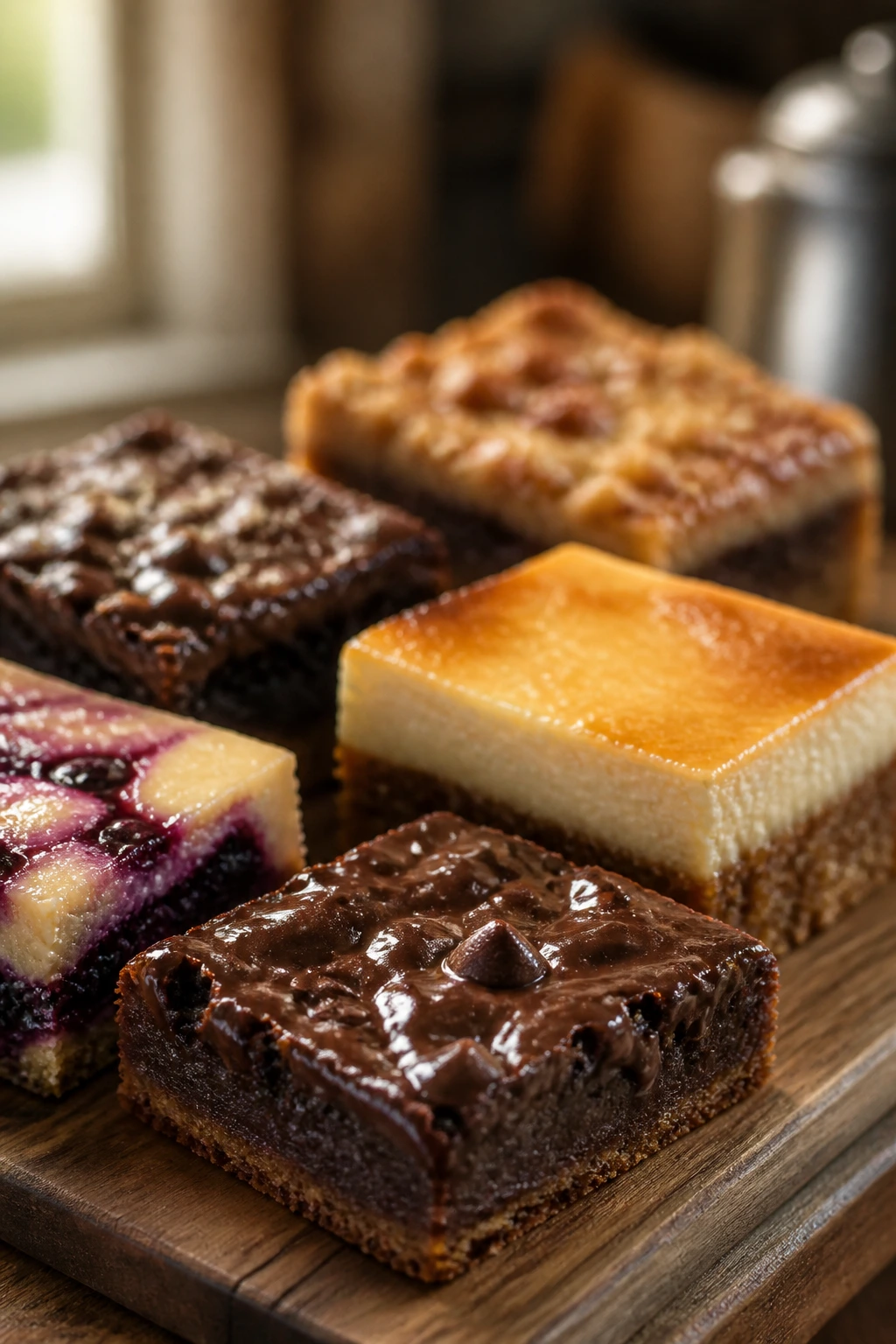 Close-up of glossy keto dessert squares on a rustic wooden board