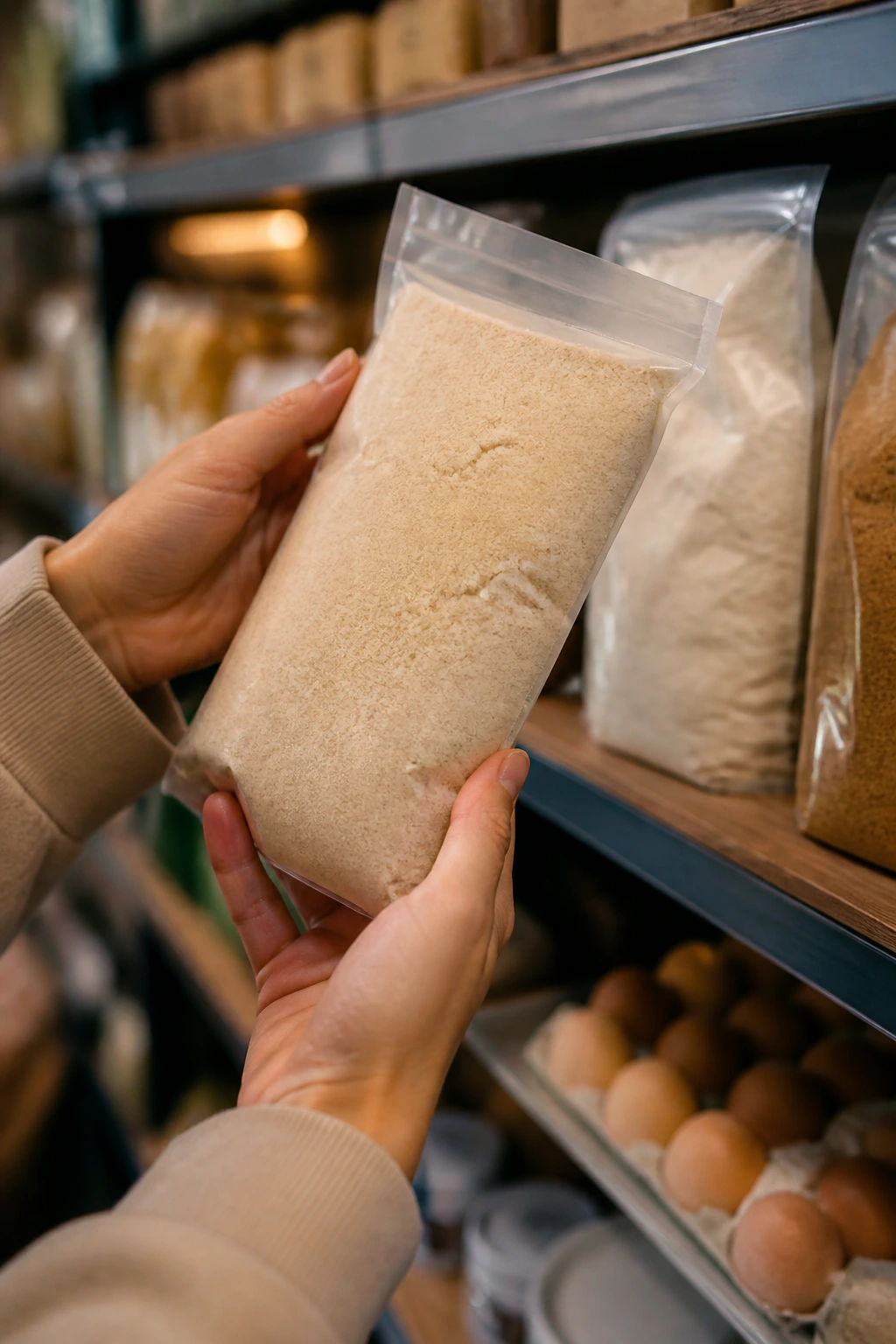 Close-up of a shopper selecting almond flour in a store for keto desserts