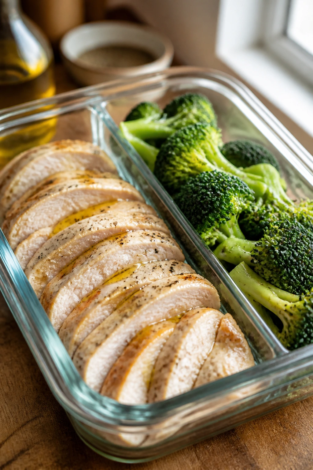 Close-up of a lean keto lunch box with chicken and broccoli, showing portion control