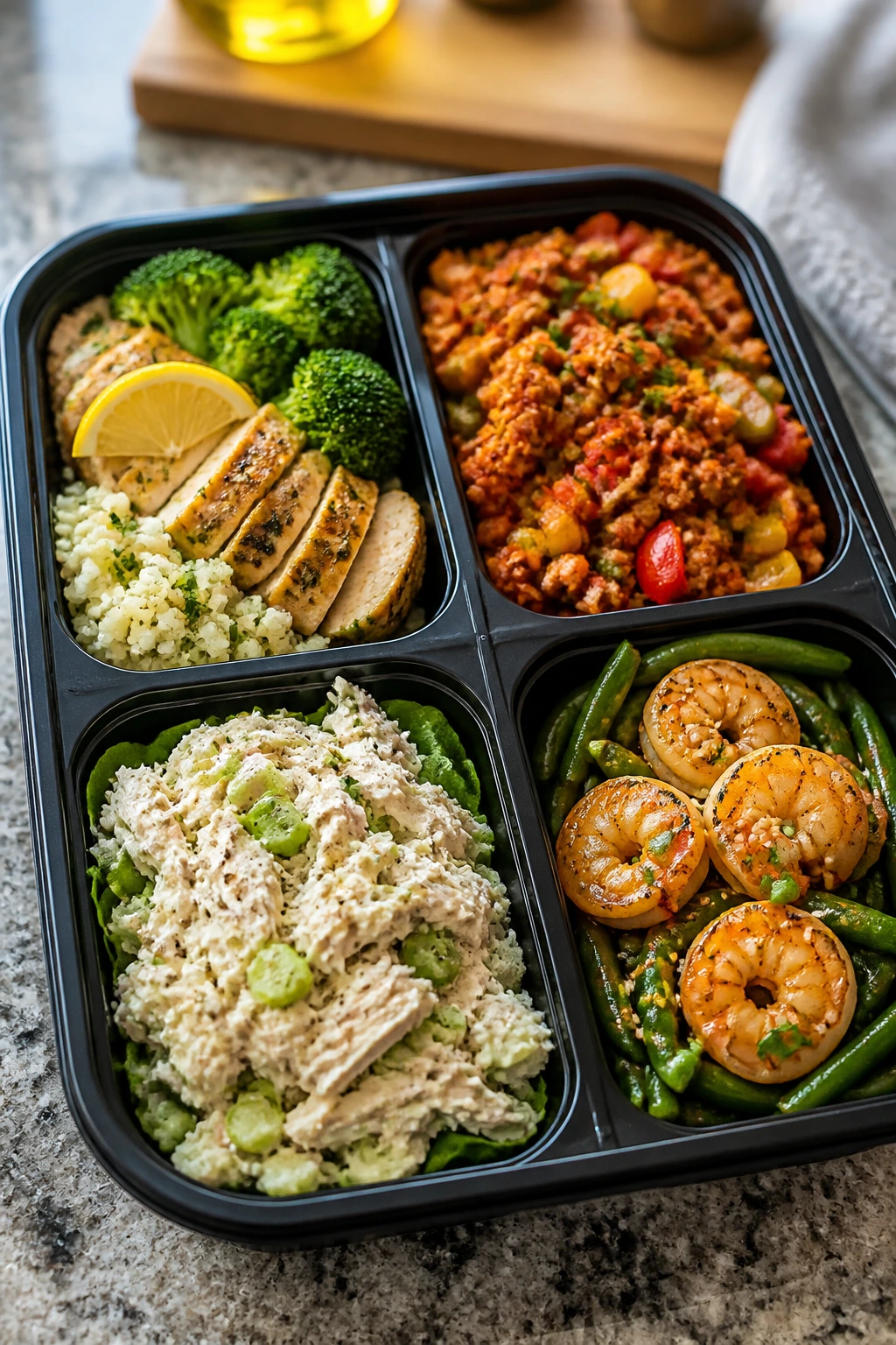 Close-up of a lean keto lunch box with four flavor compartments