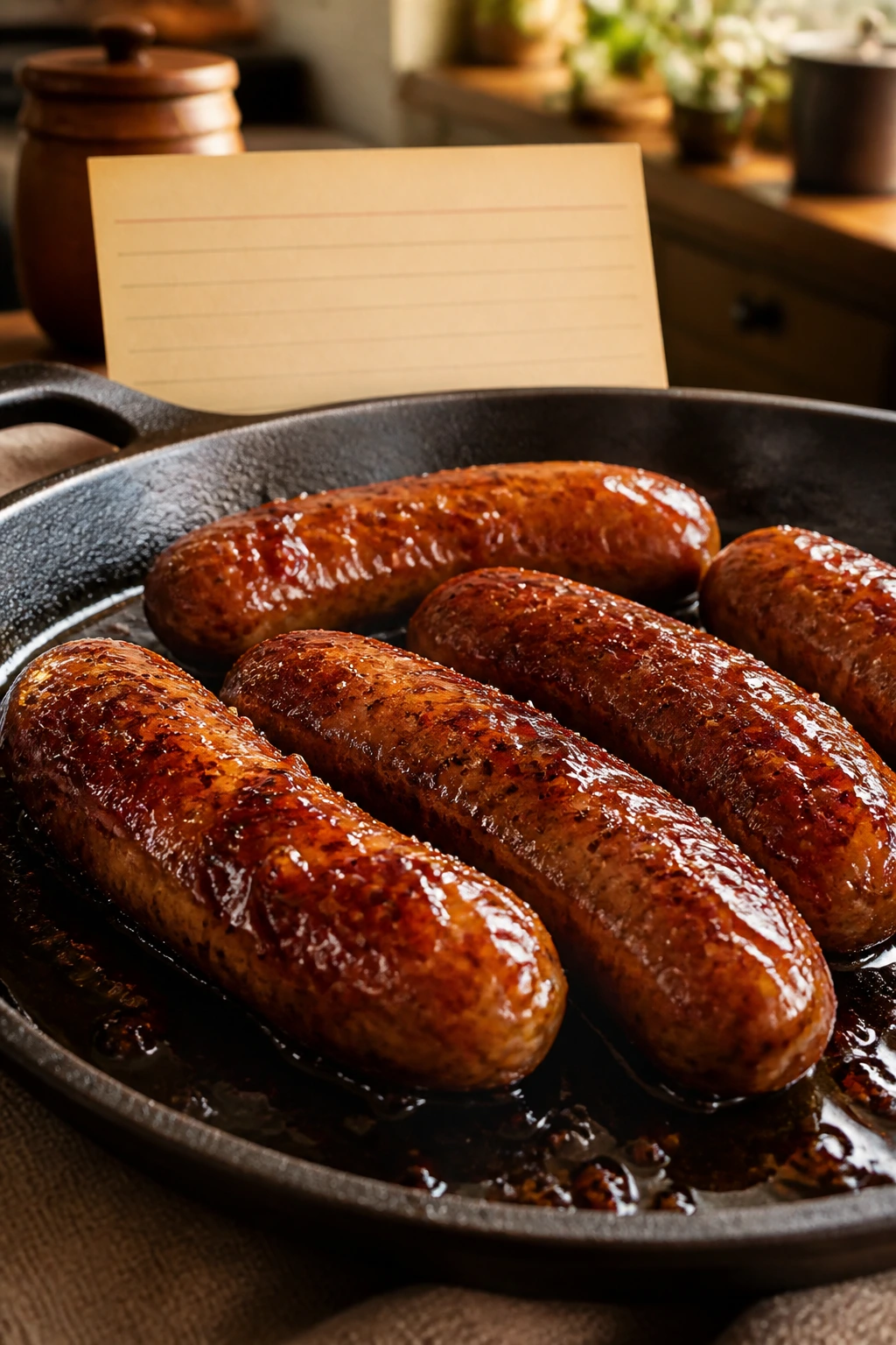 Close-up of glazed keto sausage links in a skillet with a blank recipe card prop in the background