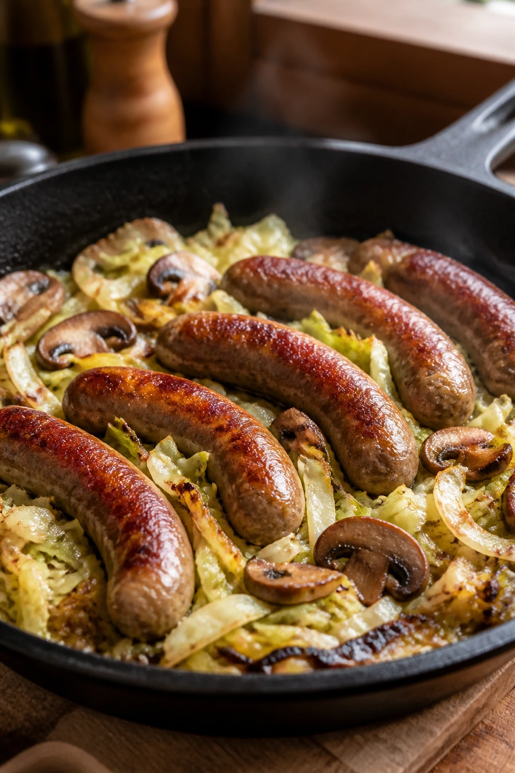 Close-up of browned sausage links in cast iron with cabbage and mushrooms in a skillet.