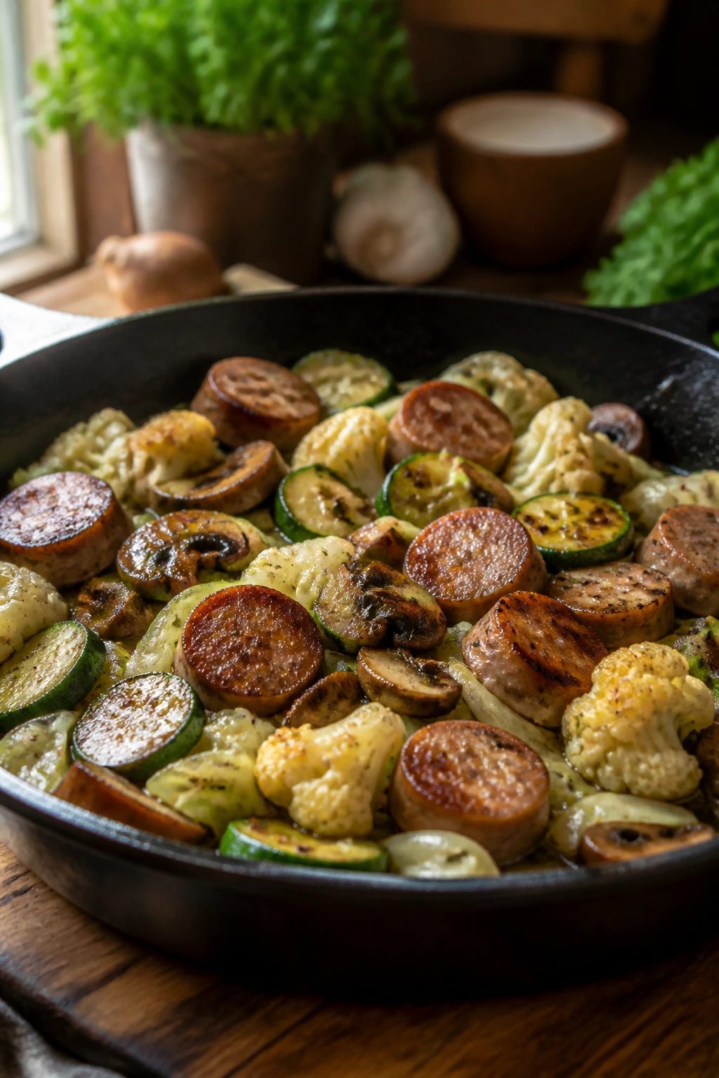 Close-up of sausage and vegetables in a skillet on a rustic kitchen counter