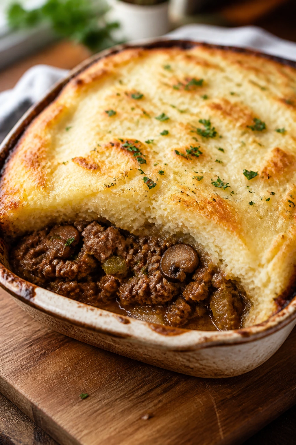 Close-up of Keto Shepherd’s Pie with cauliflower mash topping and beef filling in a rustic kitchen.