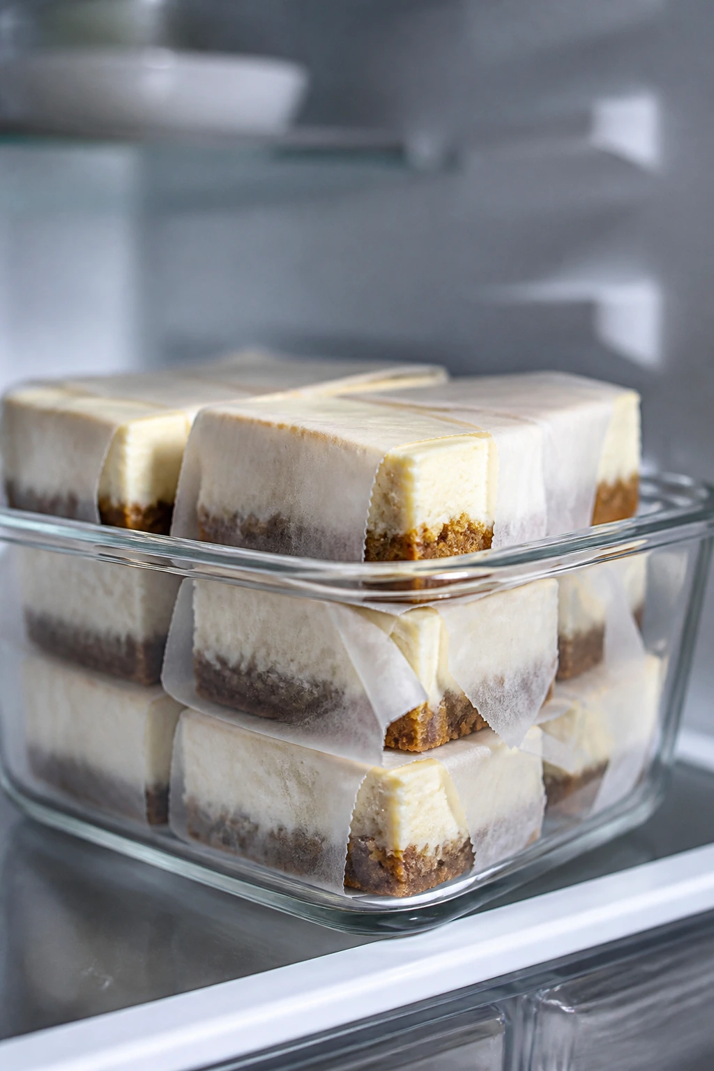 Parchment-wrapped keto cheesecake bars in a clear fridge container