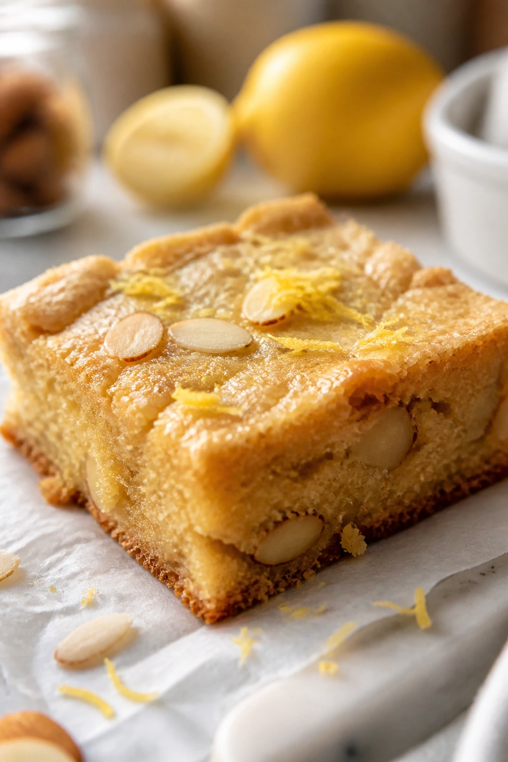 Keto blondie bar with citrus zest swirl under bright kitchen light