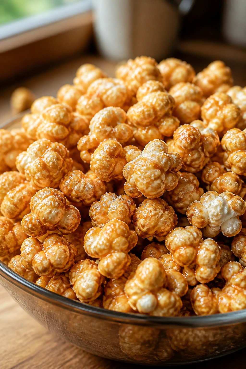Brown sugar kettle corn in a bowl with glossy surface and sugar glaze