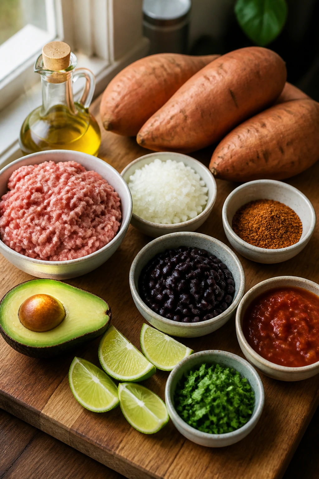 Close-up of key ingredients for stuffed sweet potatoes laid out on a wooden board.