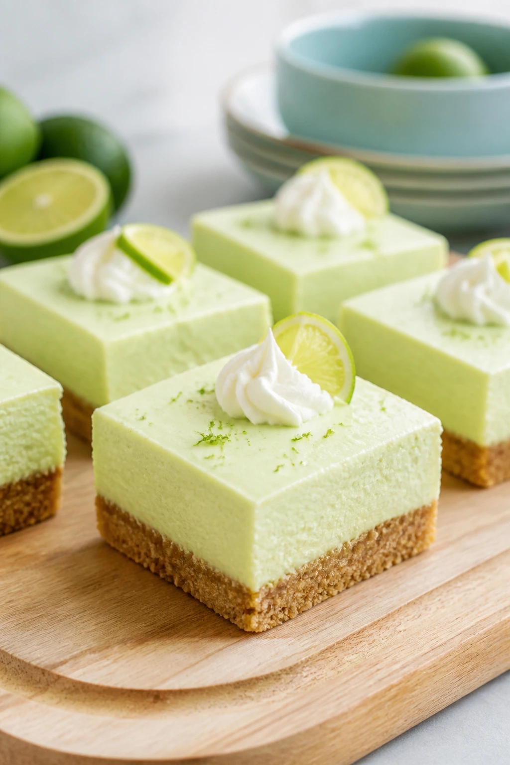 No-bake key lime pie bars on a wooden board