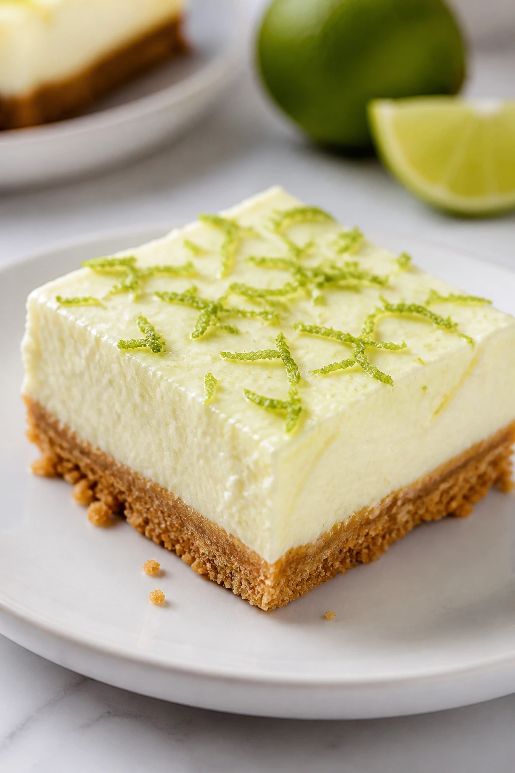 Single square of key lime cheesecake bar on plate with lime zest