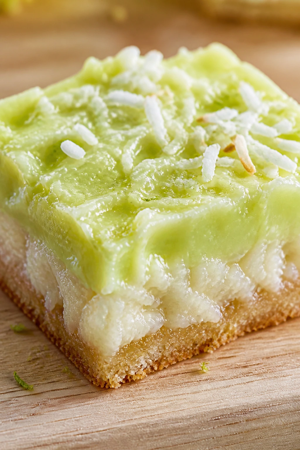 Close-up of key lime coconut bar on wooden cutting board with lime-tinted top and coconut texture