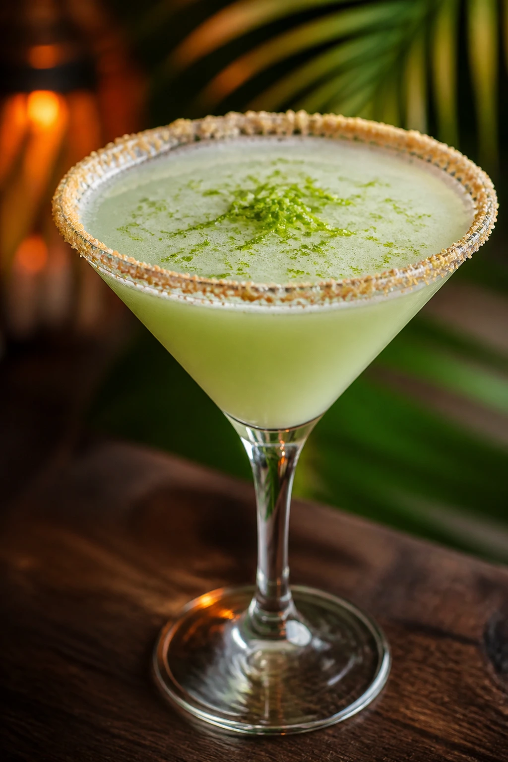 Close-up of key lime martini in a rimmed glass on a wooden bar