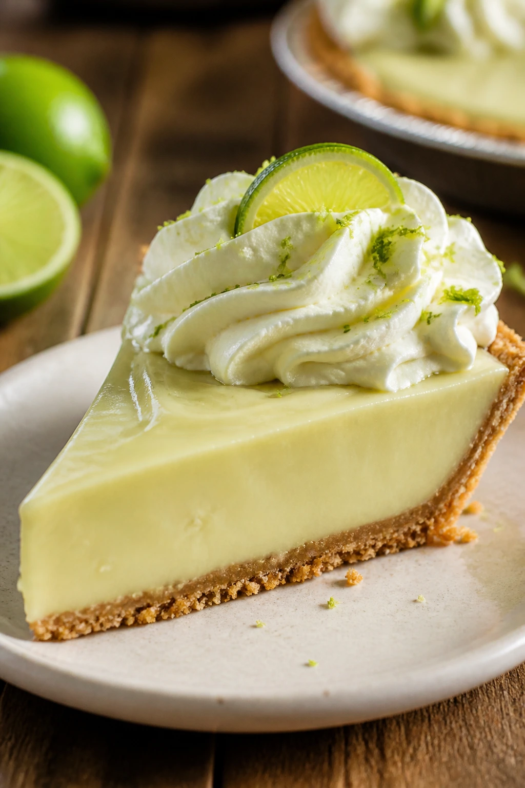 Slice of key lime pie with lime whipped cream on top