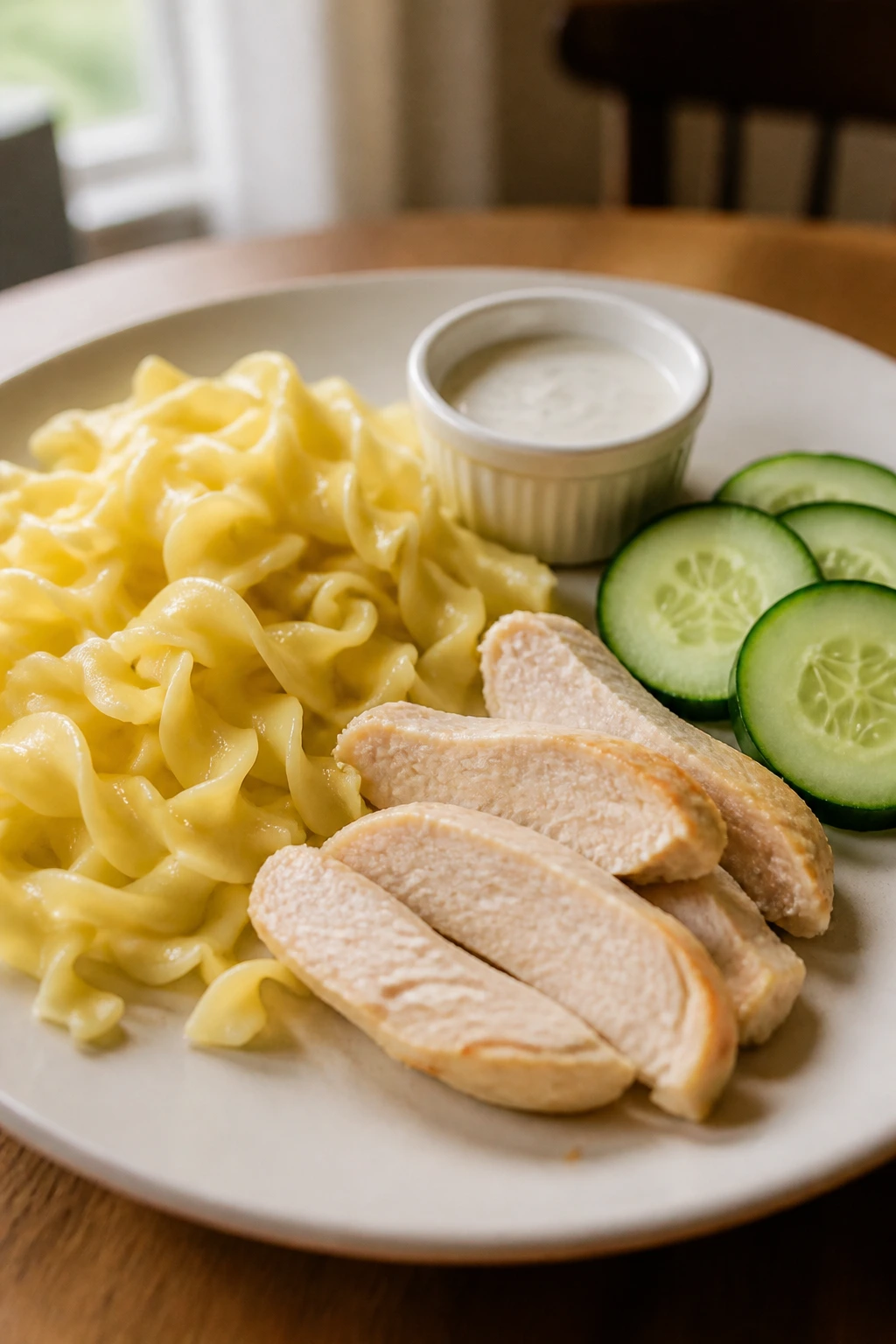 Simple, comforting kid dinner plate with familiar foods