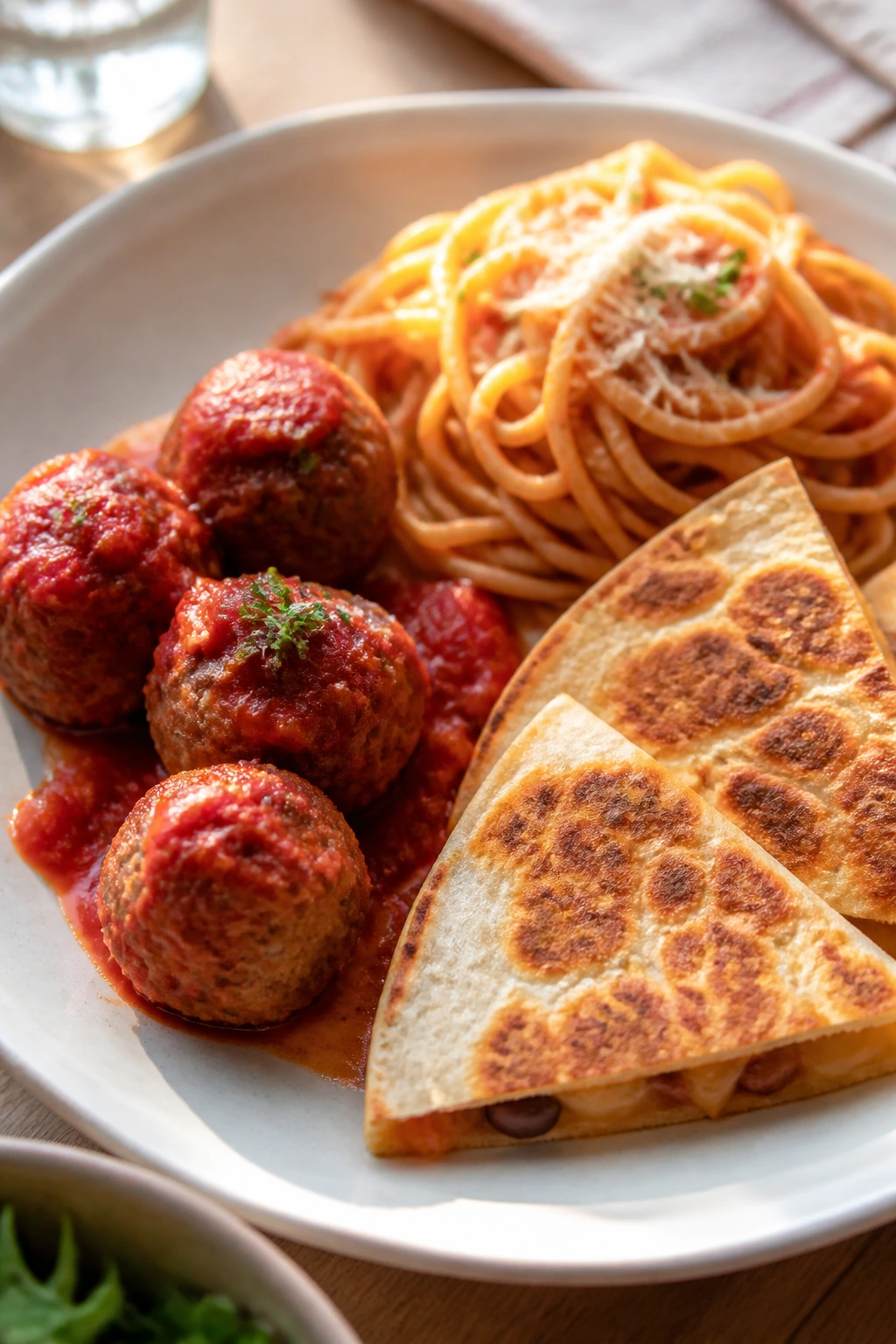 Plate with meatballs, pasta, and quesadilla on a kid-friendly dinner plate