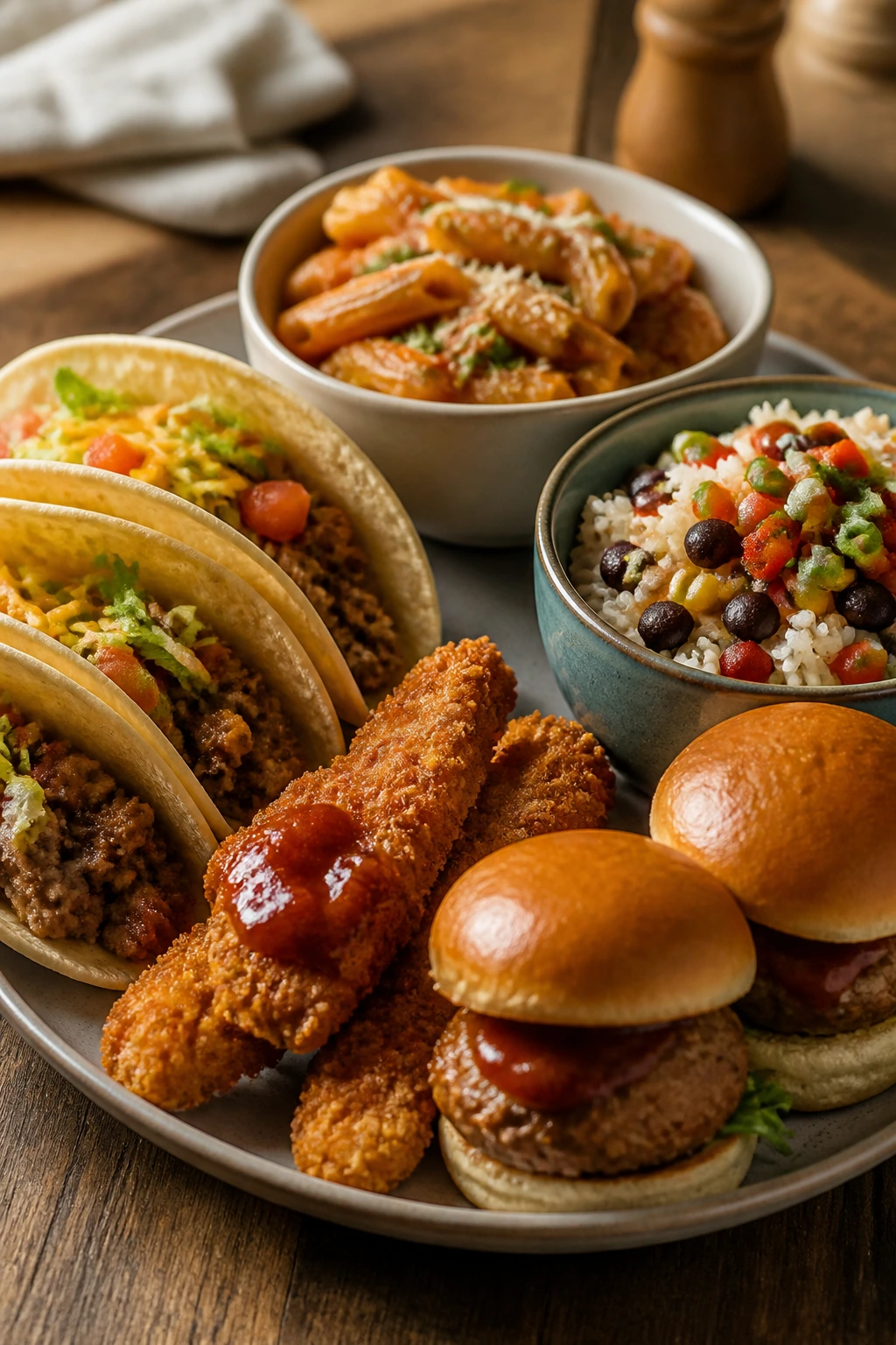 Close-up plate of kid-friendly dinners with familiar shapes, sauces, and visible vegetables