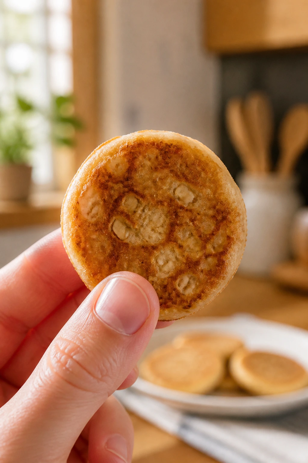 Close-up of a handheld banana oat pancake bite in a cozy kitchen