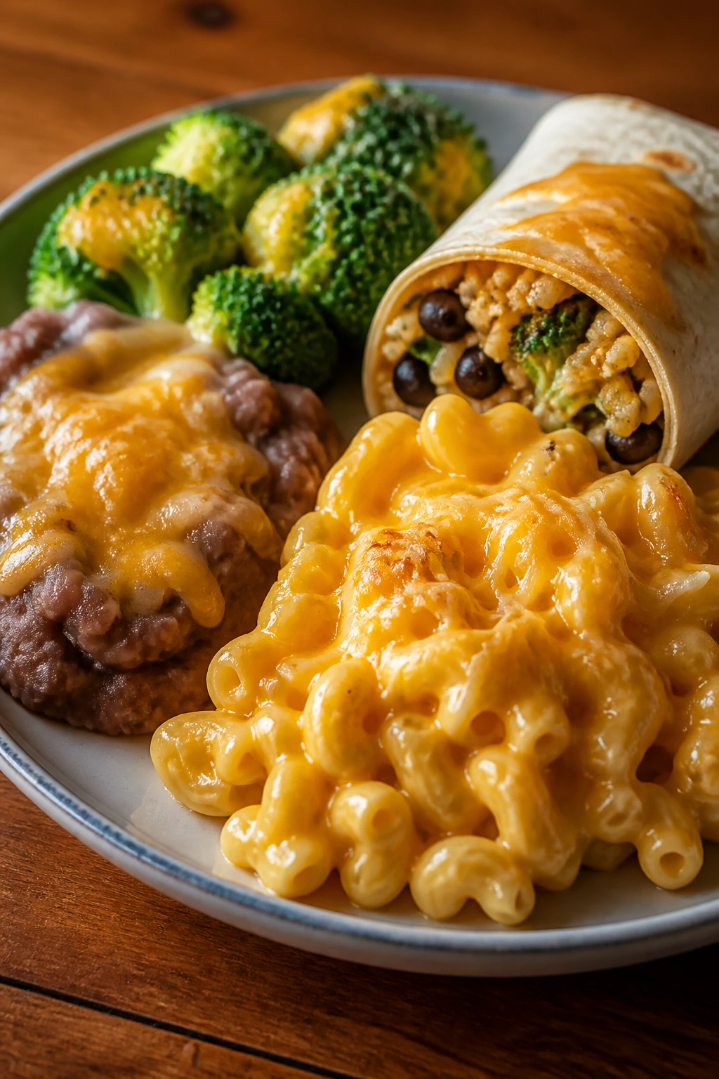 Close-up of a kid-friendly cheesy dinner plate with broccoli, pasta, and beans