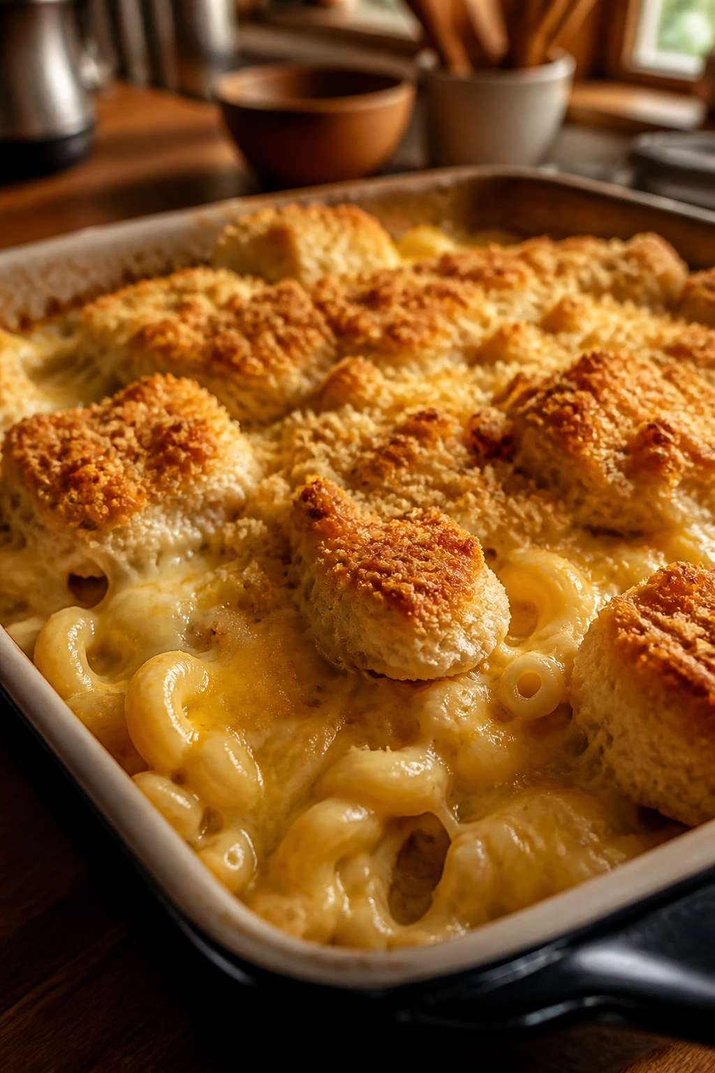 Close-up of bubbling cheesy bake with visible noodles and golden crust in a warm home kitchen