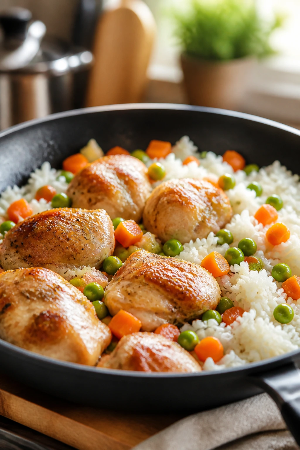 Close-up of a skillet with tender chicken, rice, peas, and carrots for a kid-friendly weeknight dinner