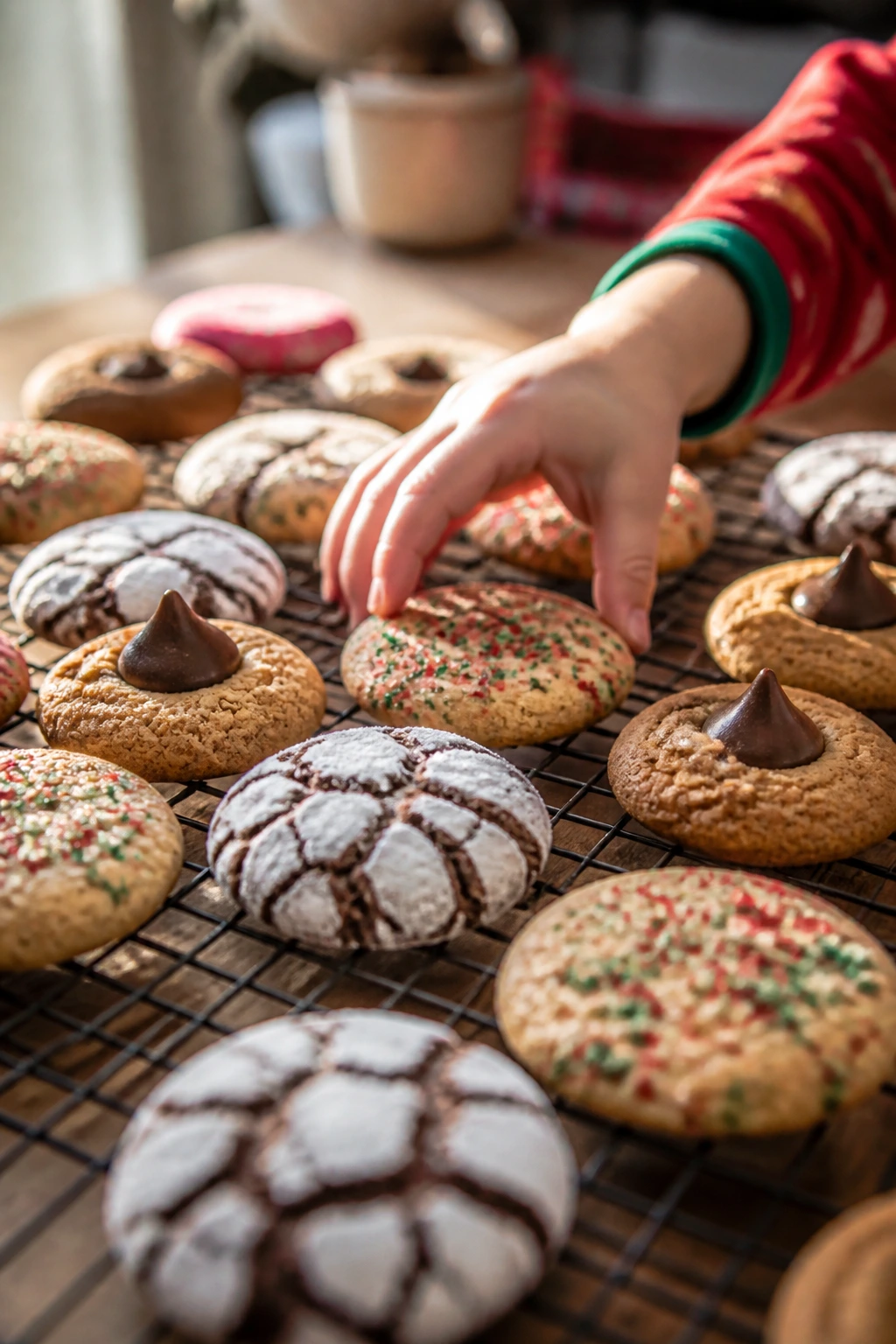 Tray of cookies with a child's hand reaching for one