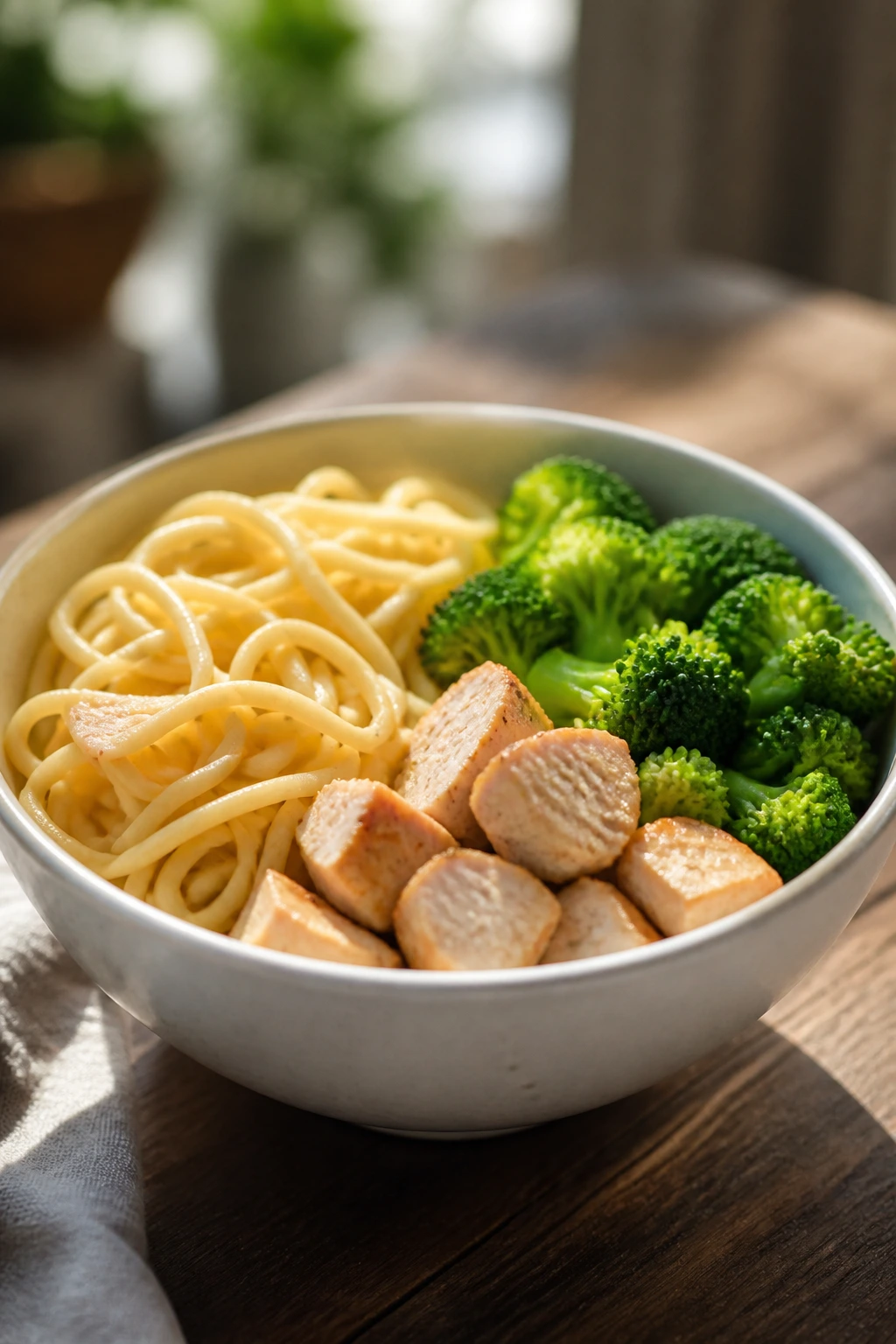 Close-up of a kid-friendly meal with base, protein, and vegetable arranged in sections