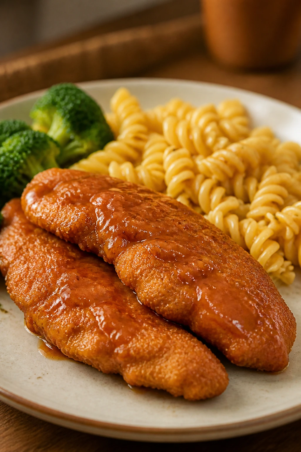 Comforting dinner plate with crispy tenders and glossy sauce, inviting family-friendly meal.