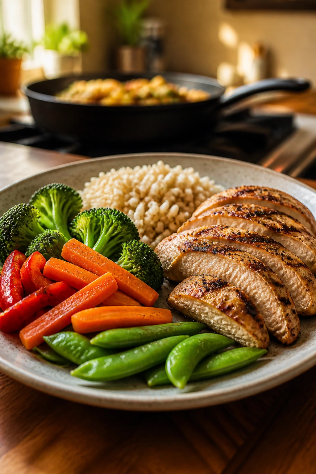 Close-up of a vibrant, balanced kid-friendly dinner plate in a warm kitchen