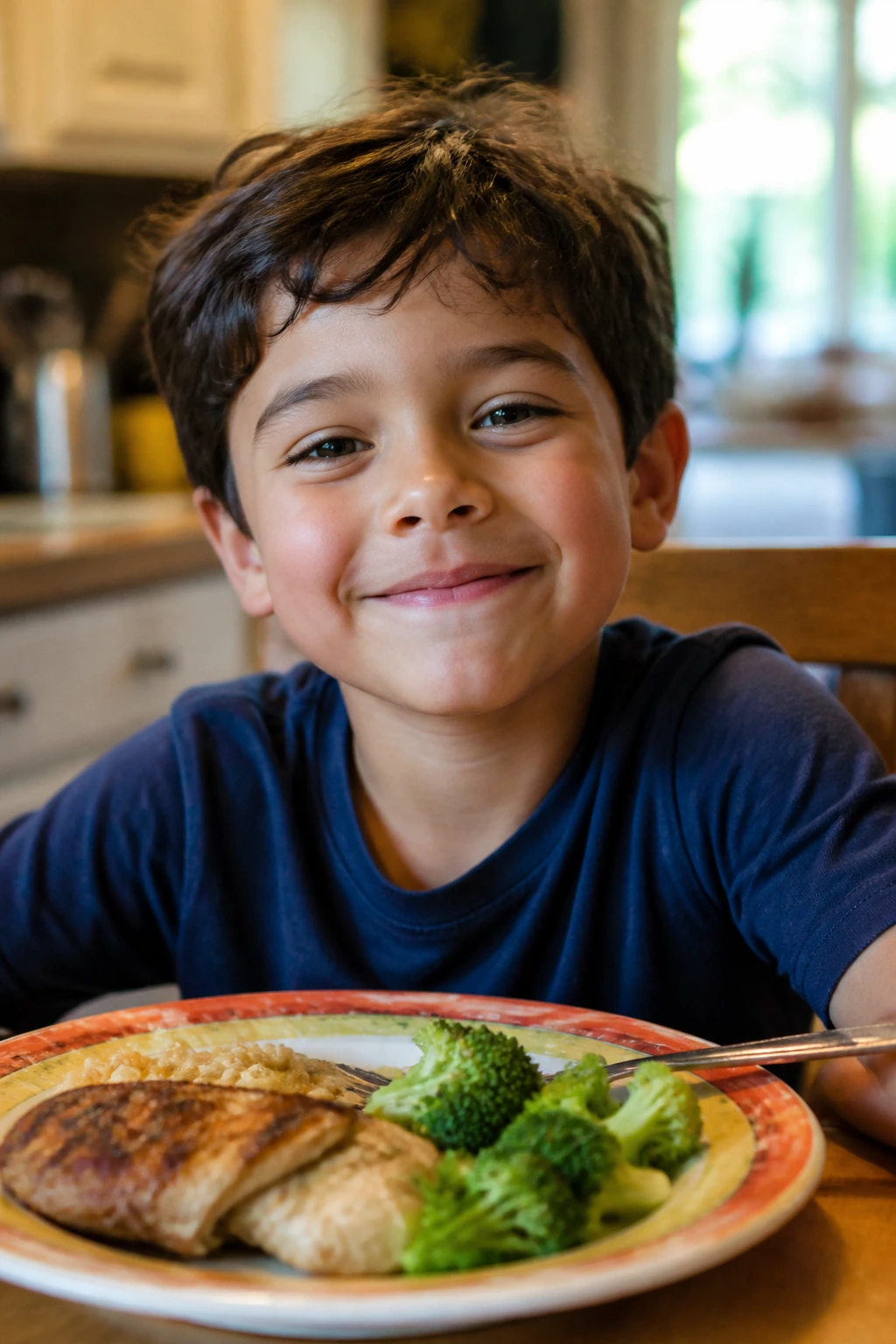 Happy child at table with colorful kid-friendly plate