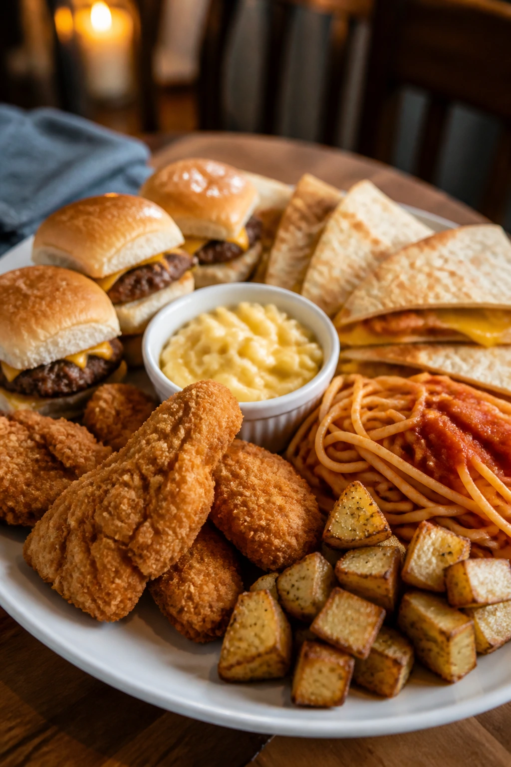 Plate of familiar kid-friendly dinners with chicken tenders, sliders, pasta and potatoes on a cozy table