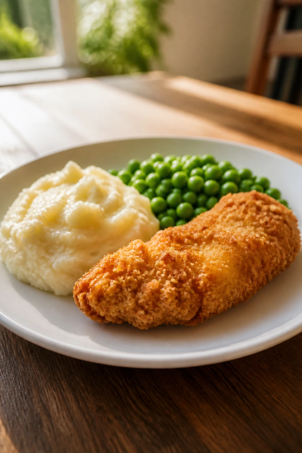 Close-up plate with crispy chicken, creamy mash and peas