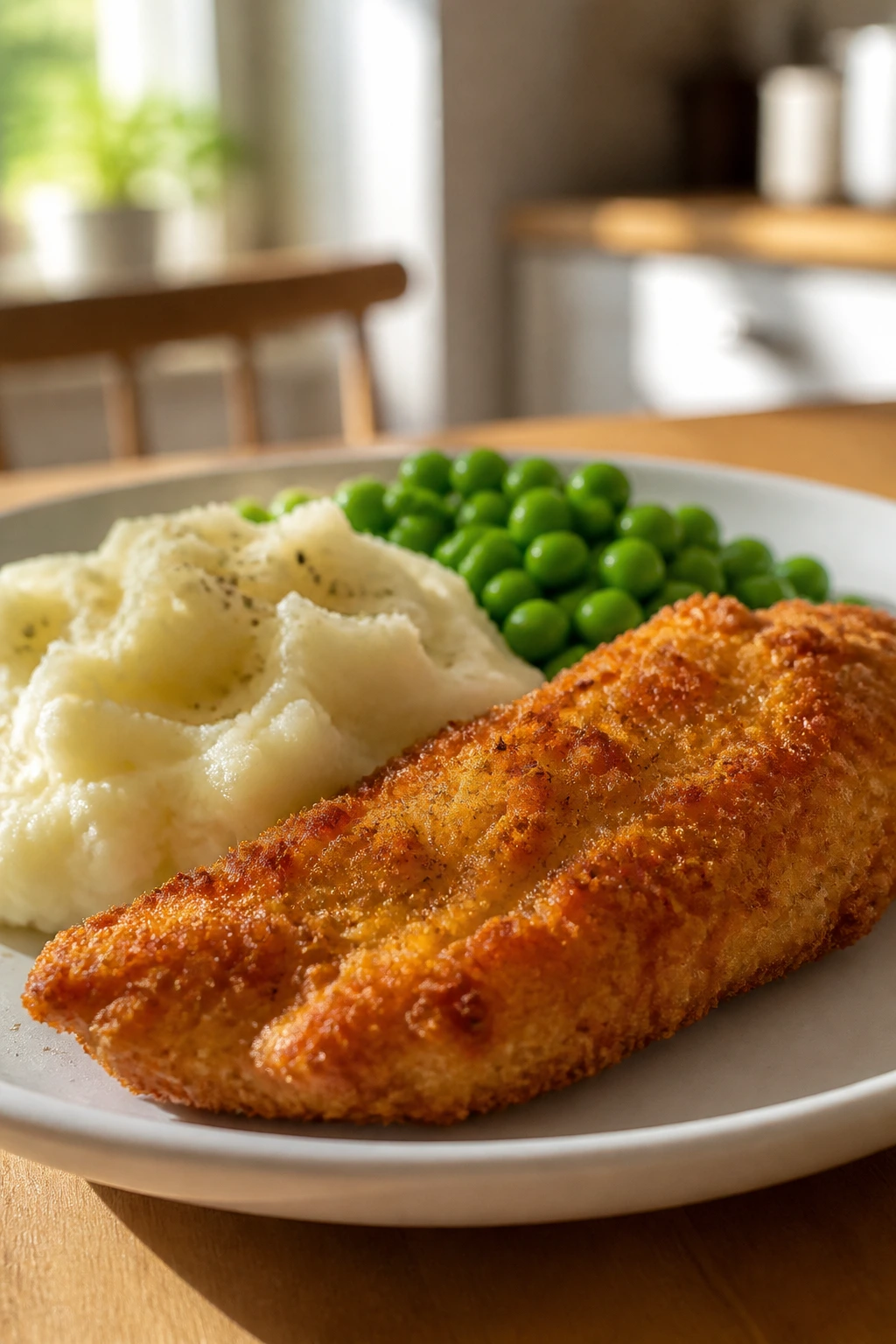 Plate with crispy chicken tender, mashed potatoes and peas