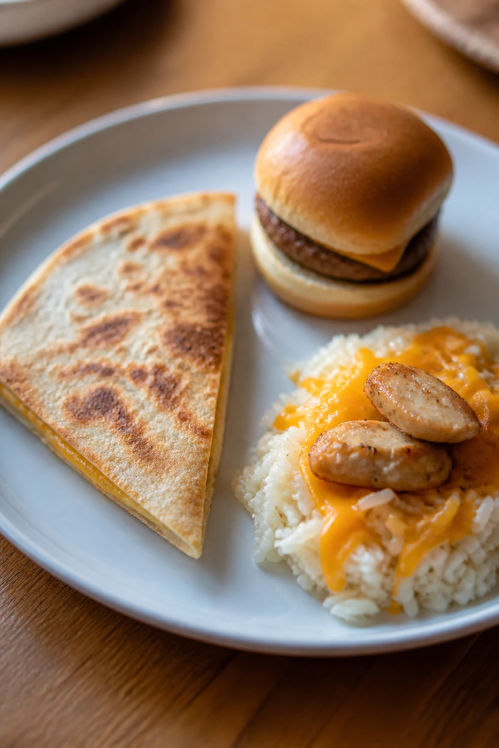 Close-up of a kid-friendly dinner plate with quesadilla triangle, mini slider, and rice-cheese-protein on a wooden table