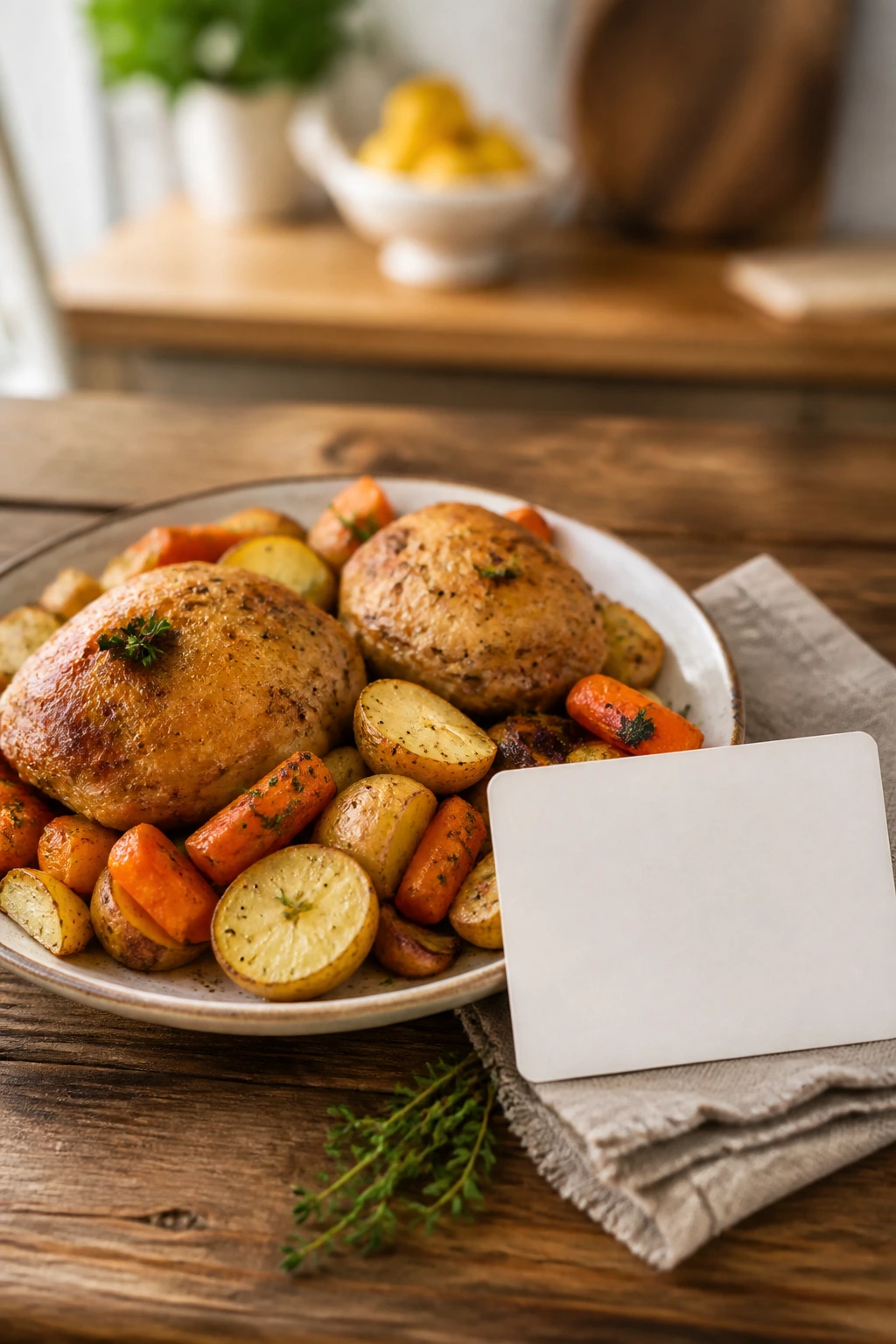 Plate of roasted chicken dinner with a blank recipe card beside it