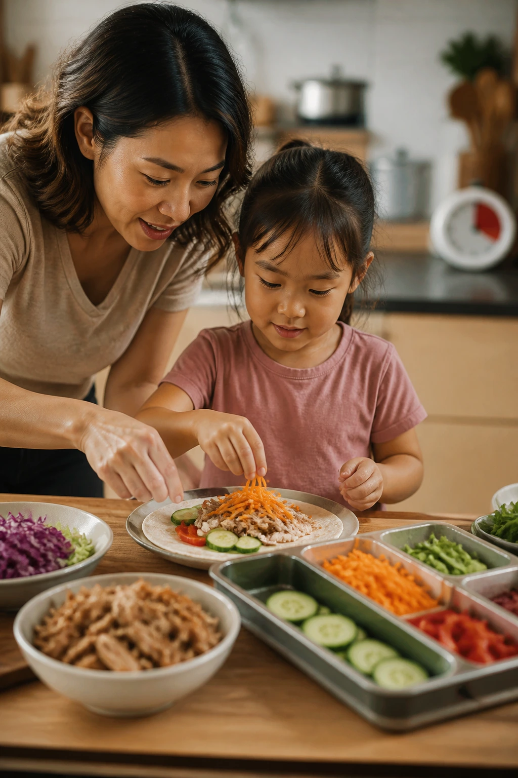 Parent guiding child at kitchen counter for kid-friendly dinner