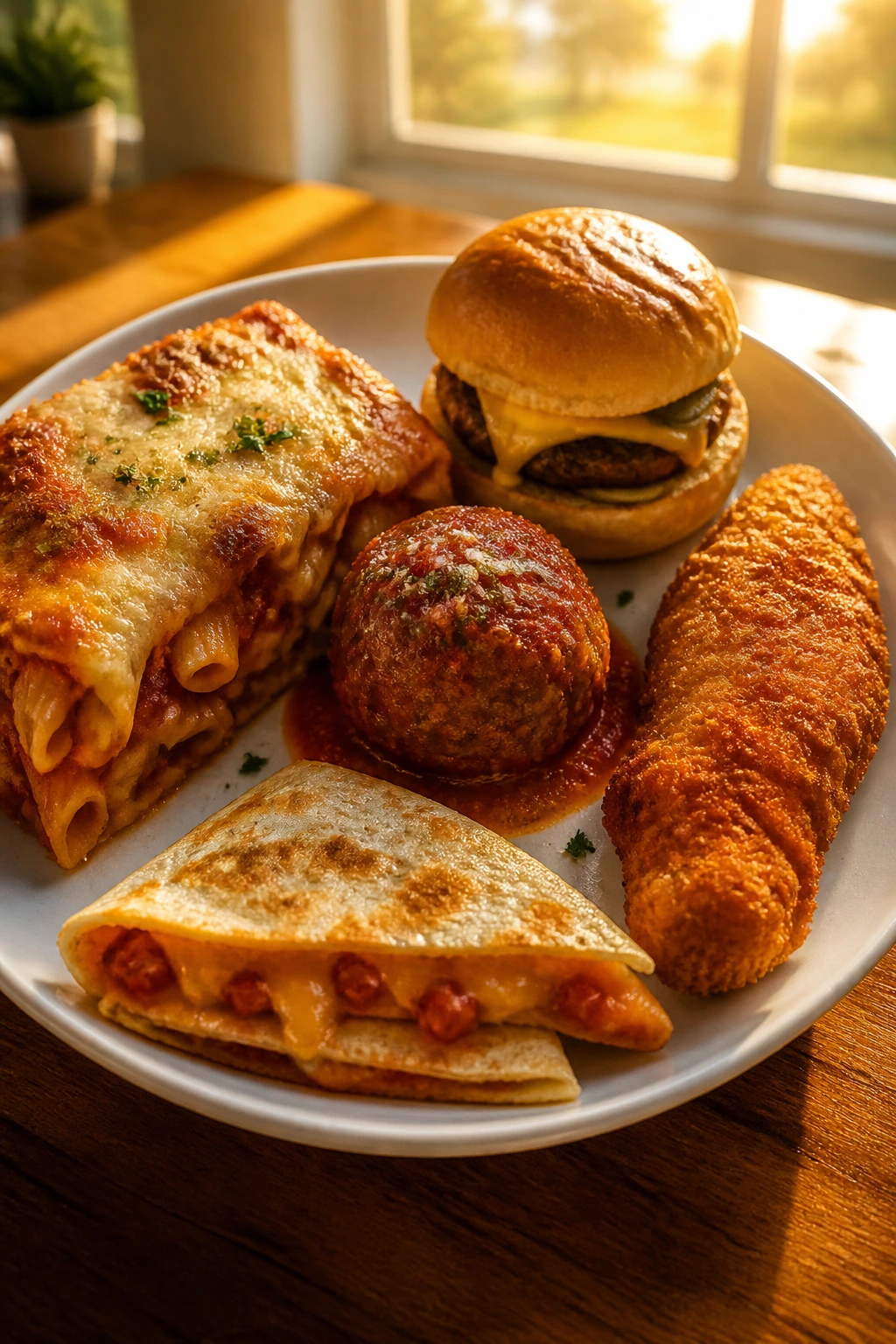 Close-up plate of kid-friendly dinner shapes including pasta bake, sliders, meatball, chicken tender, and quesadilla on wood table