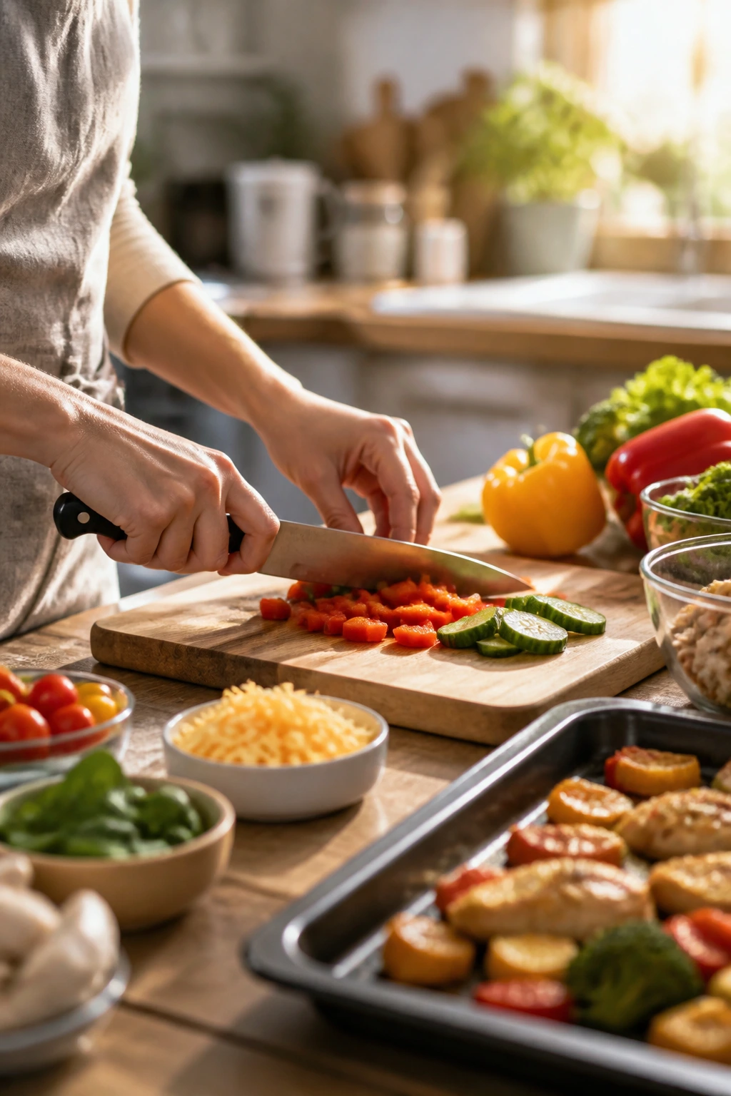 Morning kitchen scene with hands prepping kid-friendly dinners for busy school mornings.