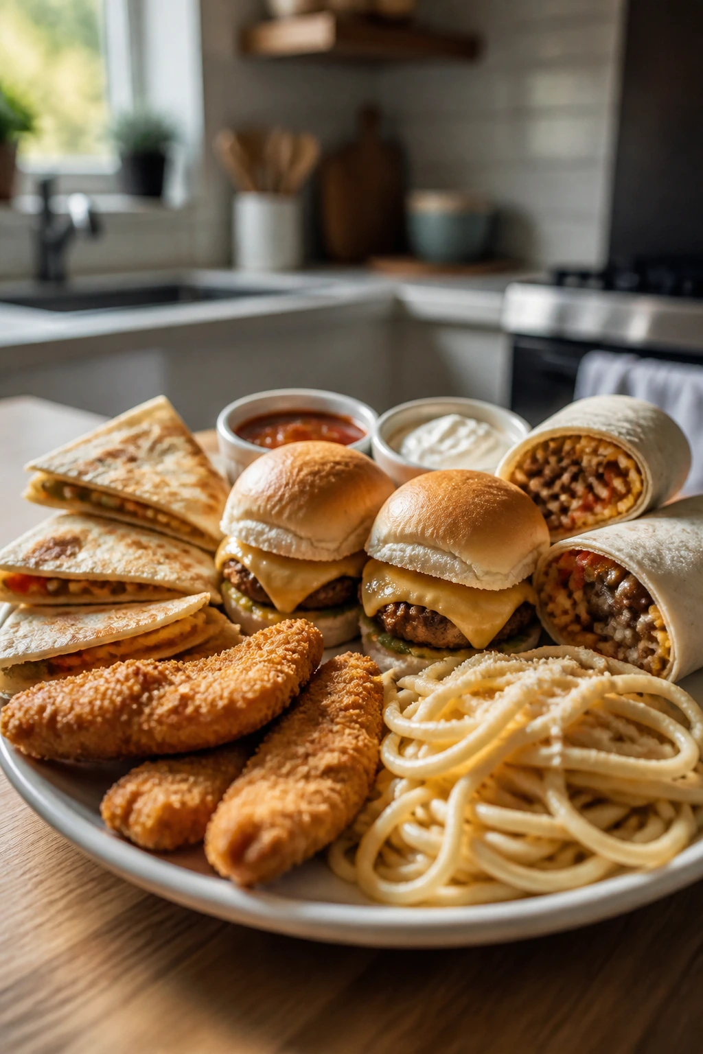 Plate of familiar kid friendly dinners arranged in readable shapes