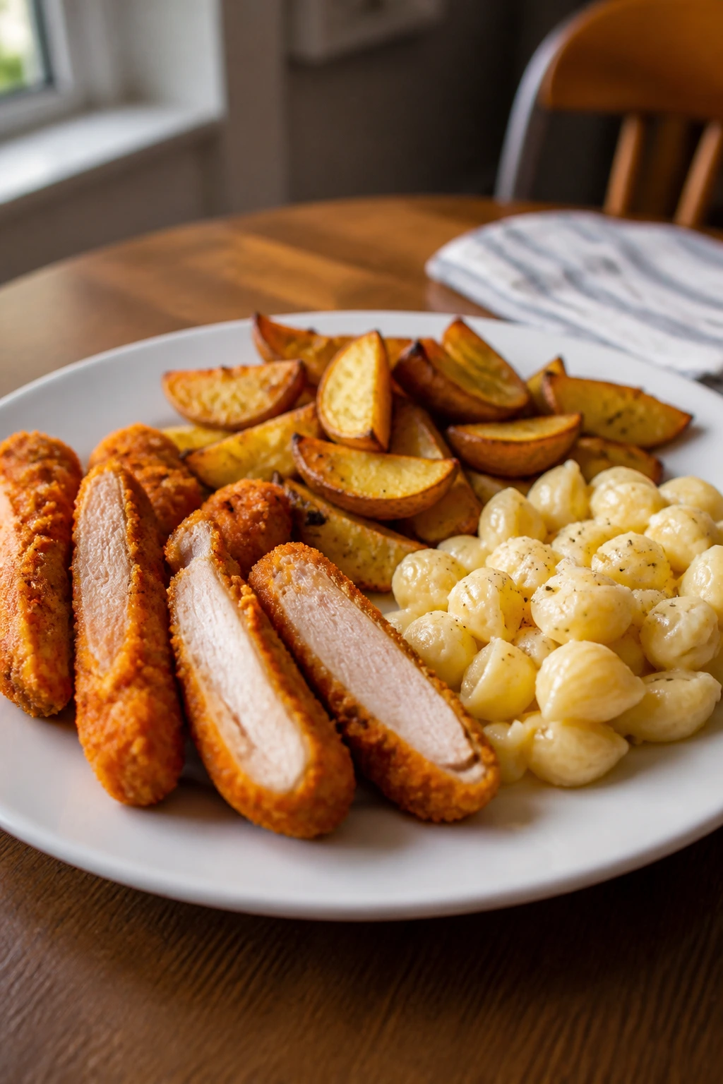 Plate of kid-friendly dinners with familiar shapes on a warm wooden table
