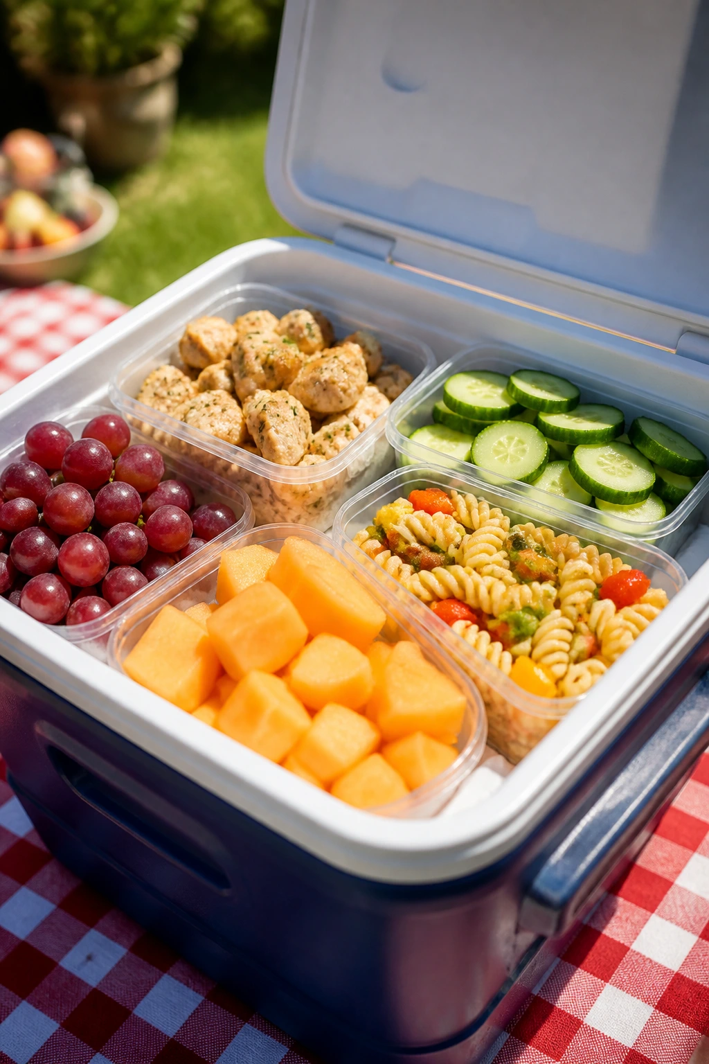 Open cooler filled with kid-friendly foods: chicken cubes, cucumber coins, grapes, melon, and pasta salad.