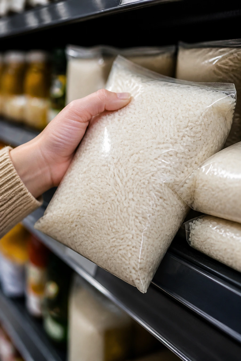 Close-up of a shopper selecting unlabelled white rice from a grocery shelf for kid-friendly meals