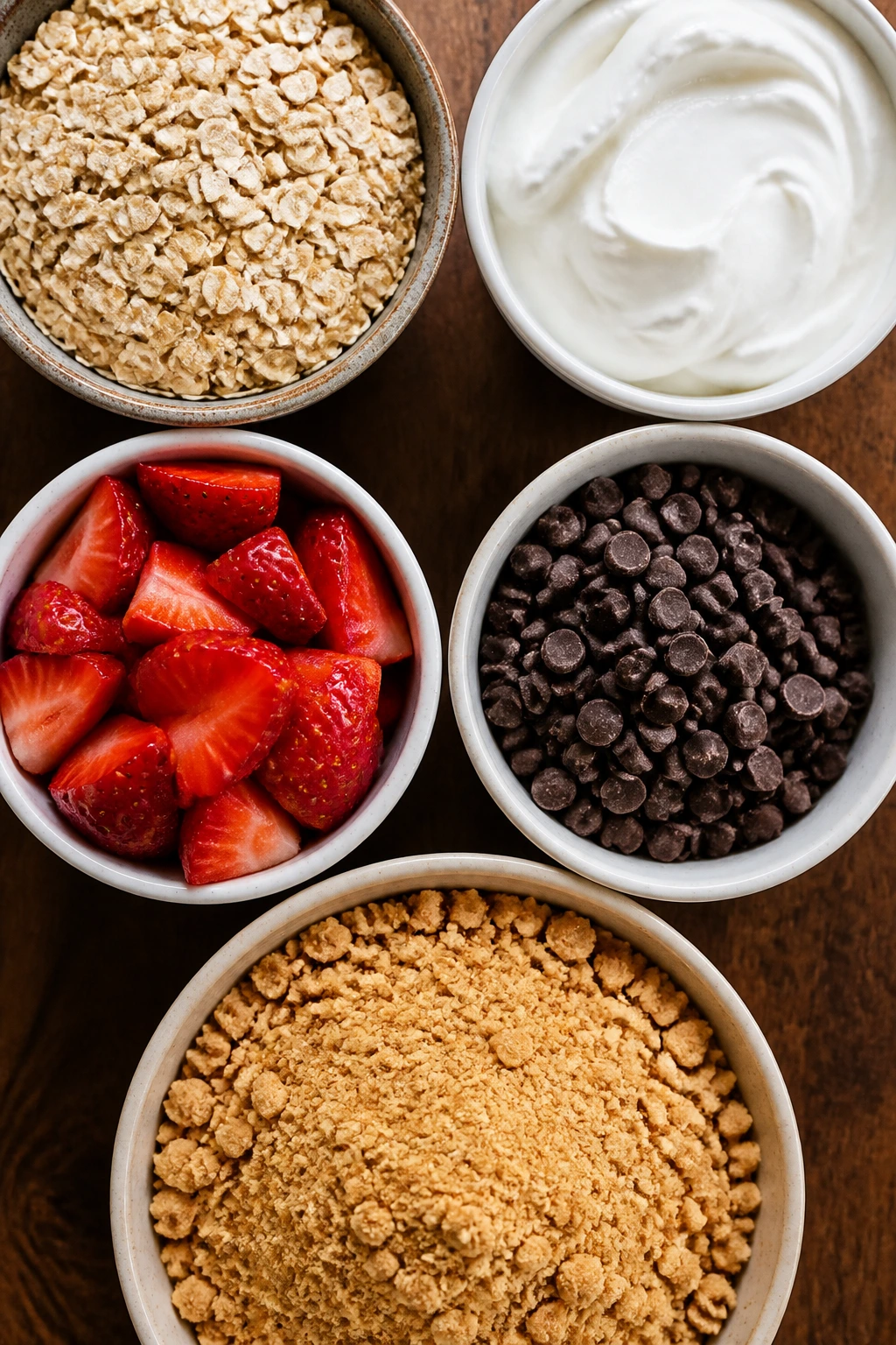 Top-down view of oats, yogurt, fruit, and chips arranged for kid-friendly treats