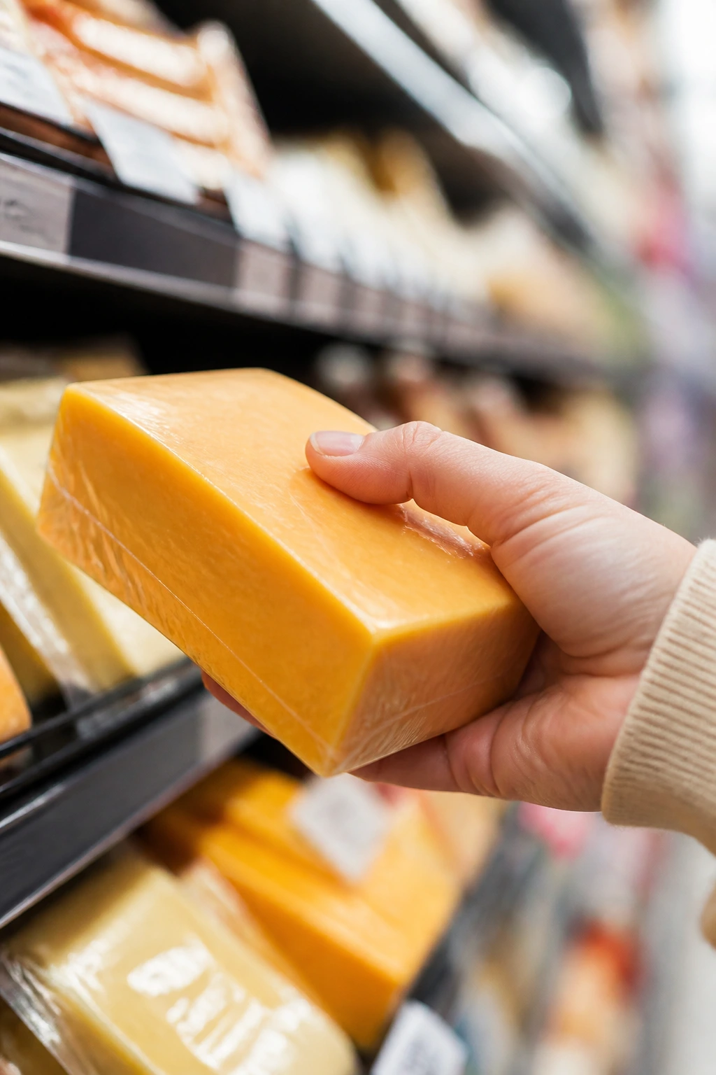 Hand selecting mild cheddar cheese in a grocery store, emphasizing kid-friendly ingredients