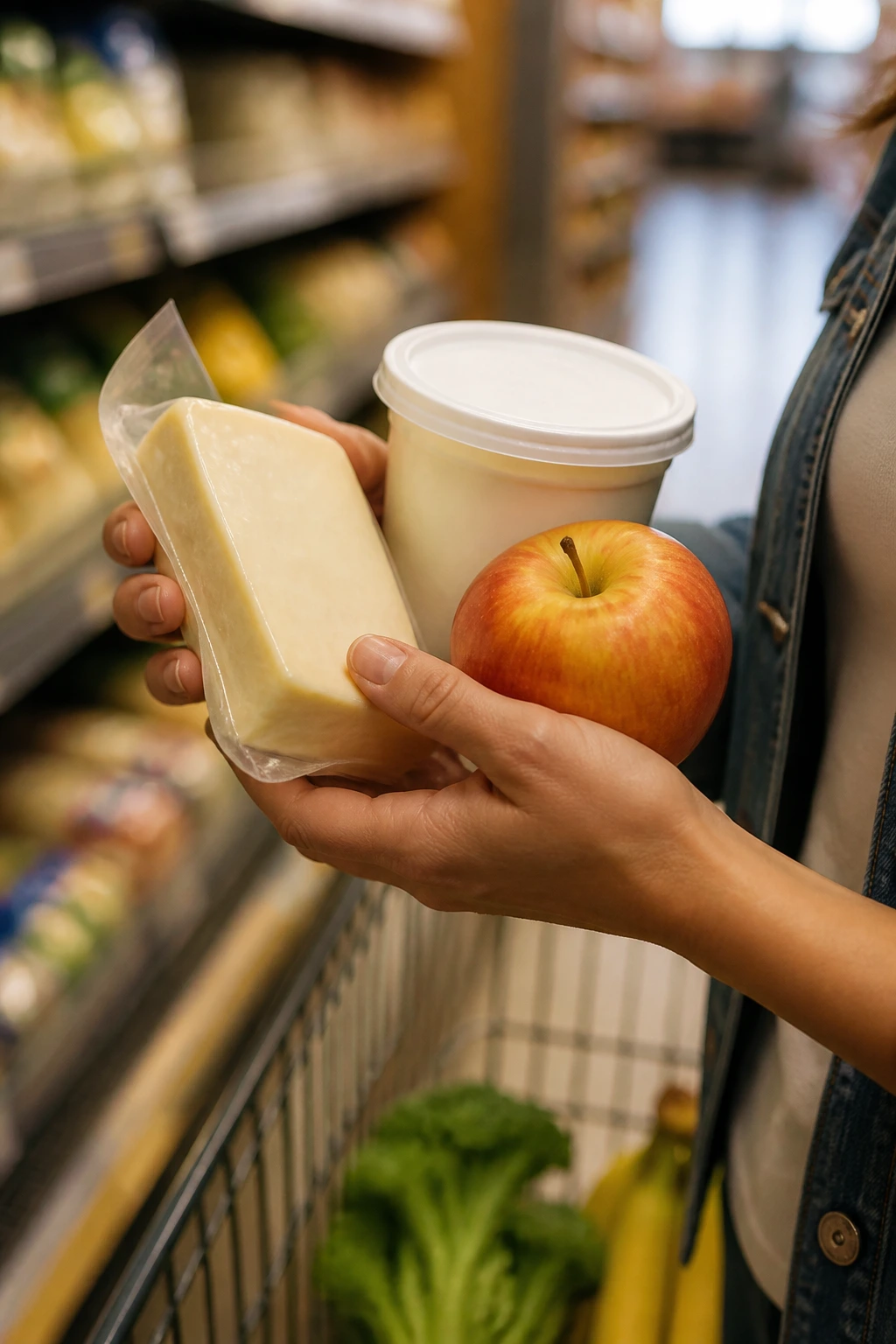 Close-up of a parent choosing mozzarella, yogurt, and apples in a grocery store for kid-friendly snacks