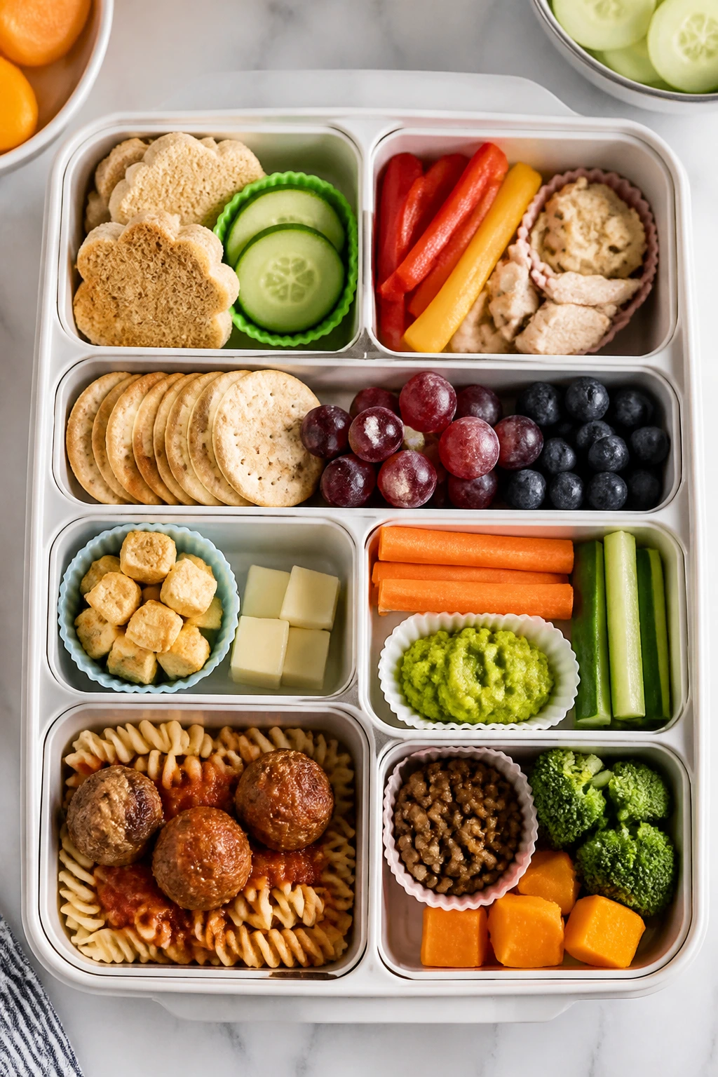 Top-down view of a lunch tray with varied foods for different ages and allergies
