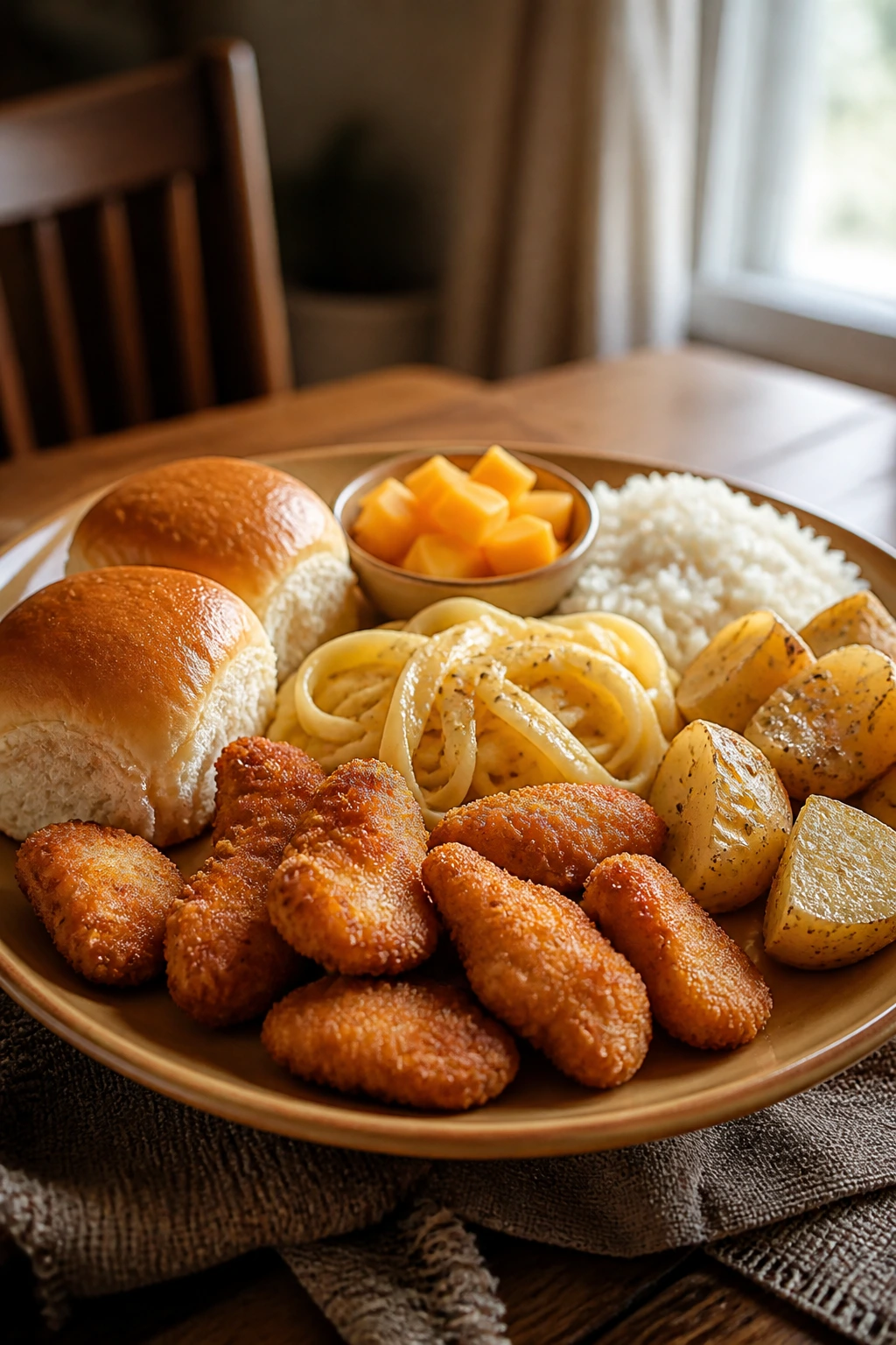 Close-up of a hero plate with familiar kid-friendly foods arranged to symbolize a collection