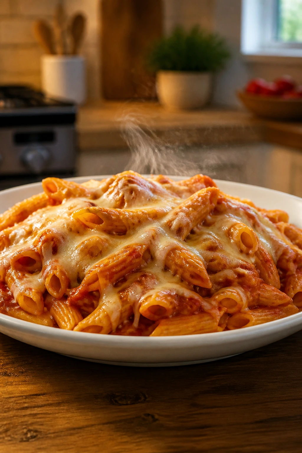 Plate of kid-friendly pasta with sauce in a cozy kitchen