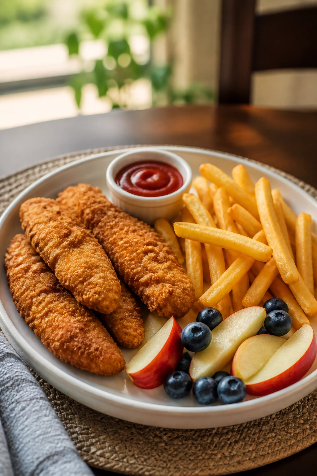 Plate with separated chicken tenders, fries, dip, and fruit slices.