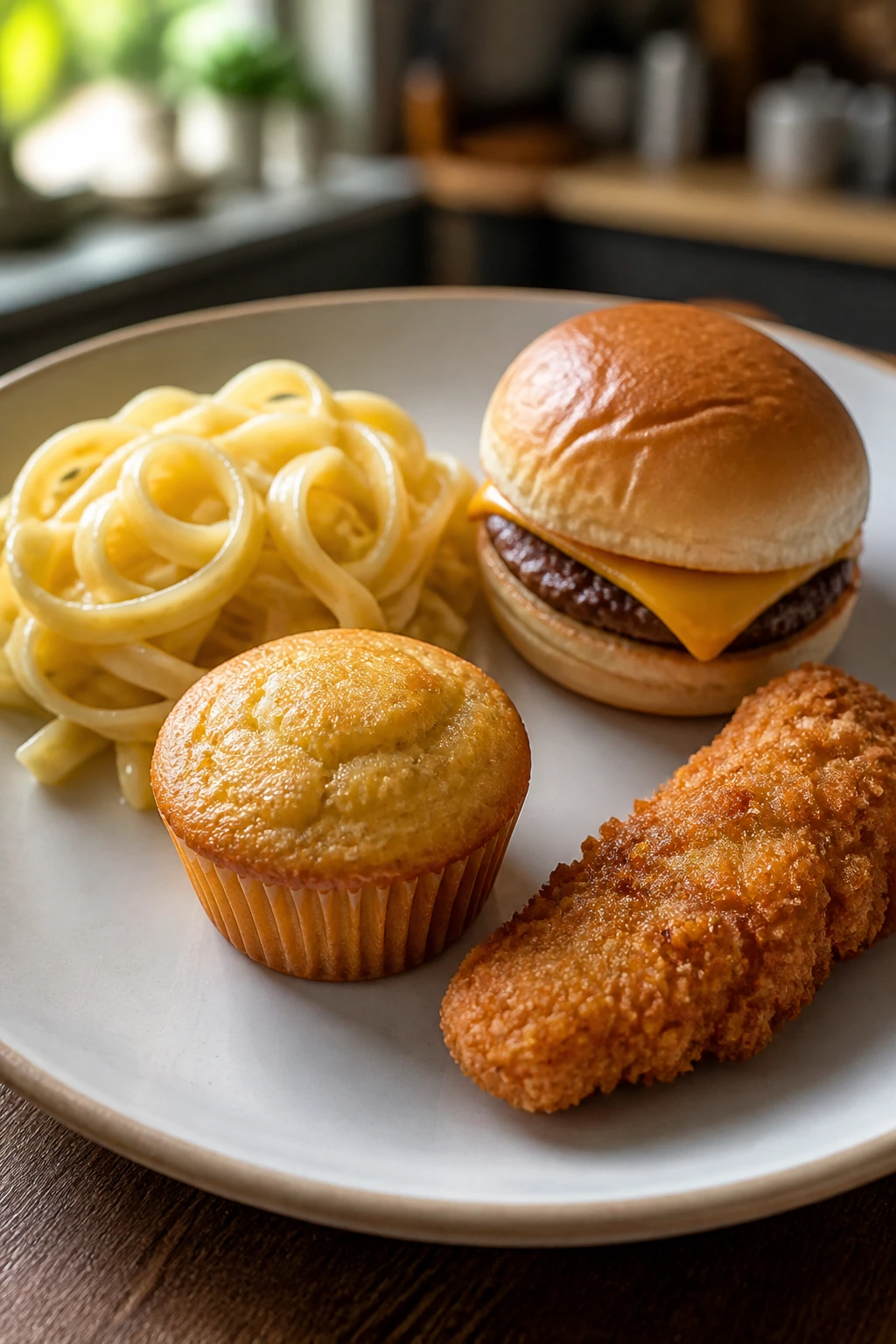Close-up of a kid-friendly dinner plate with familiar shapes on a warm kitchen counter