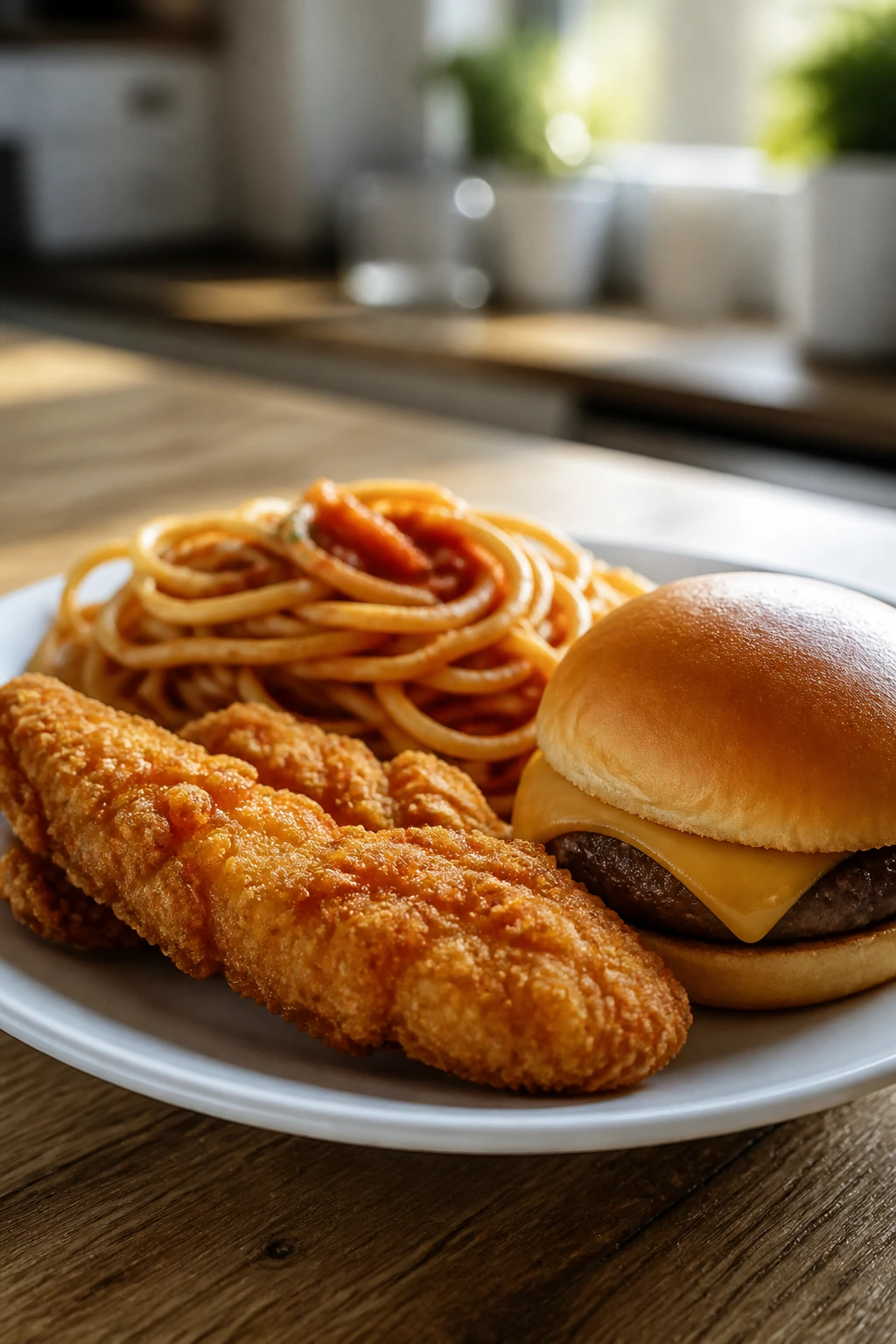 Close-up of kid-friendly plate with chicken tender, spaghetti, and slider bun on a kitchen table
